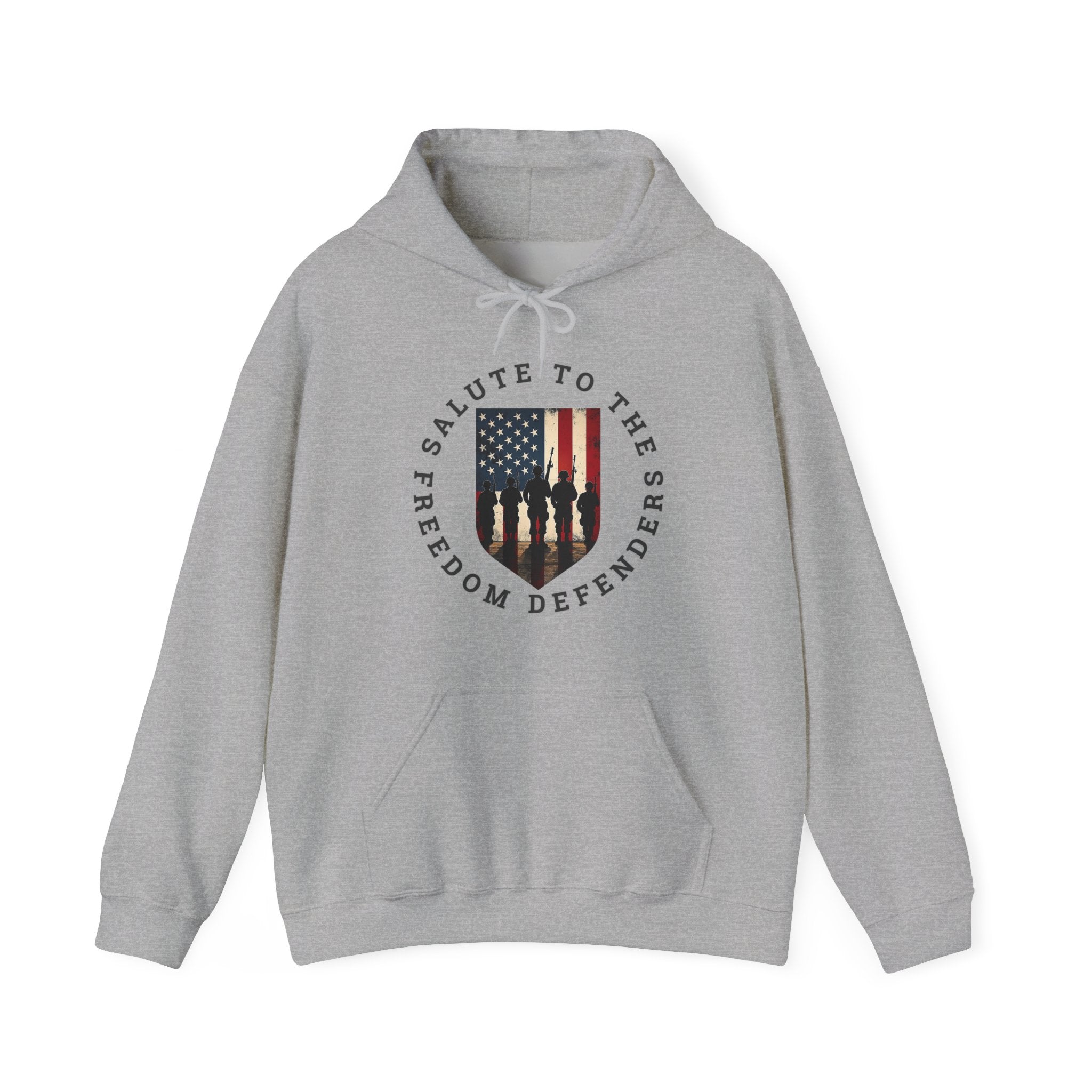 Gray hoodie with a graphic design of vintage USA flag with soldiers and "salute to the freedom defenders" text on a white background