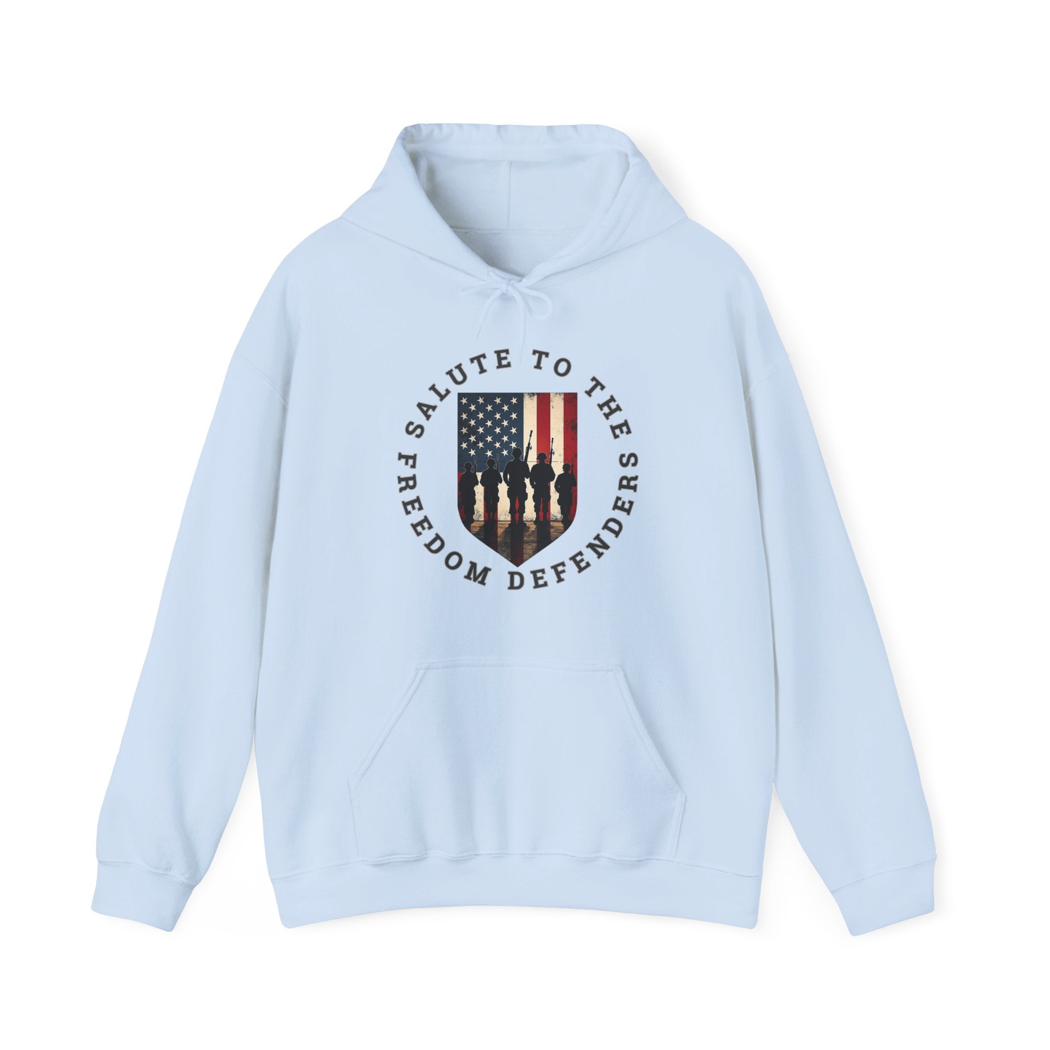 Light blue hoodie with a graphic design of vintage USA flag with soldiers and "salute to the freedom defenders" text on a white background