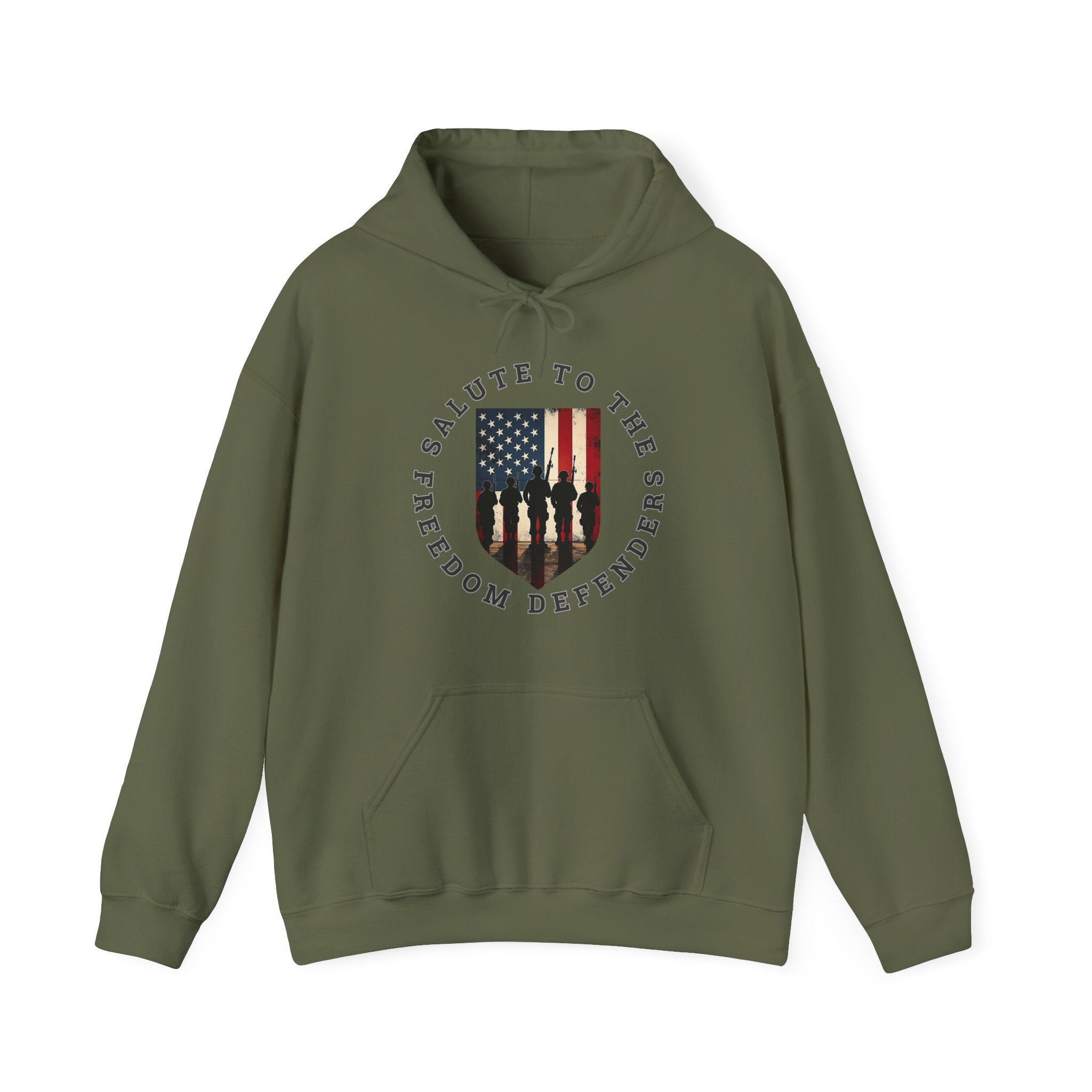 Military green hoodie with a graphic design of vintage USA flag with soldiers and "salute to the freedom defenders" text on a white background