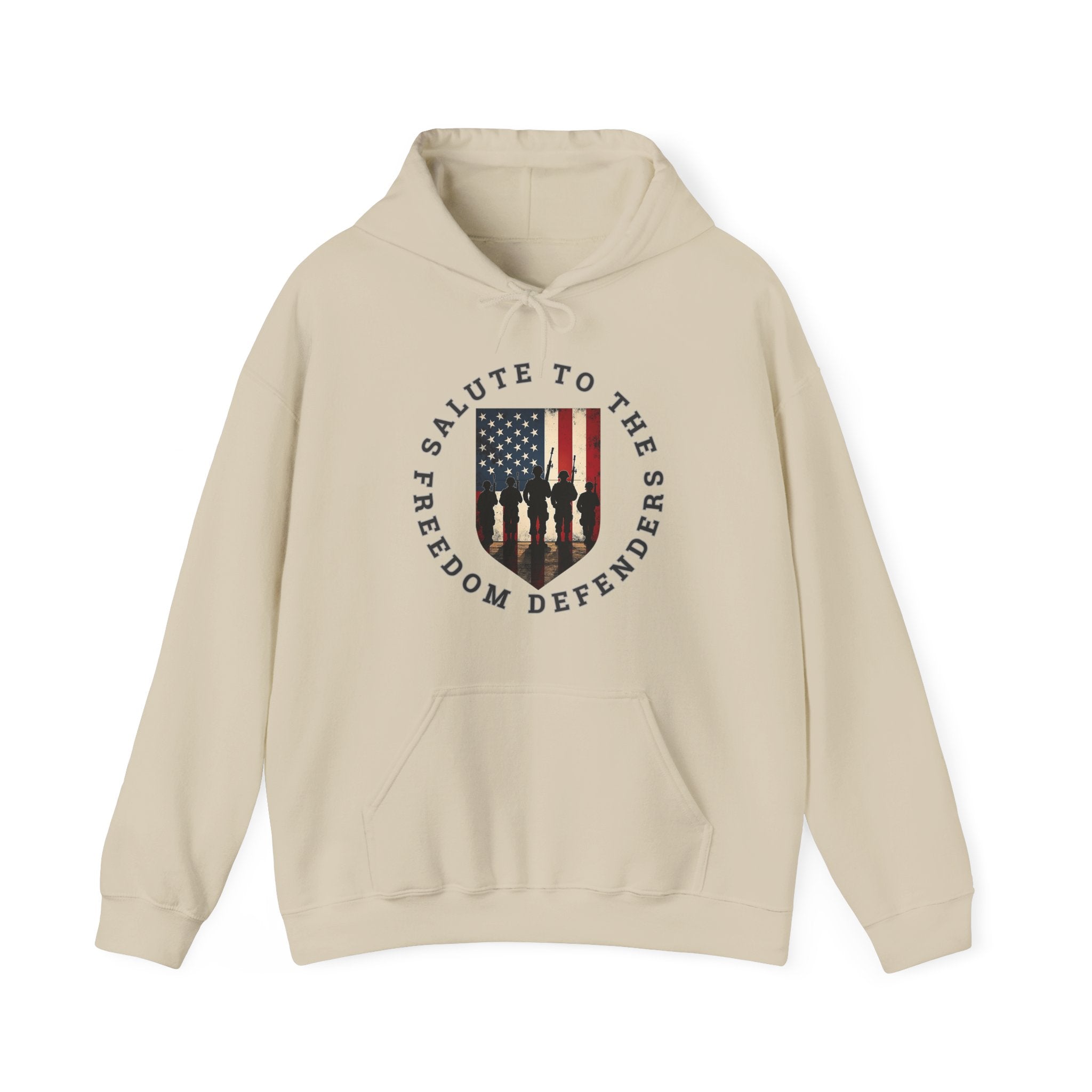 Beige hoodie with a graphic design of vintage USA flag with soldiers and "salute to the freedom defenders" text on a white background