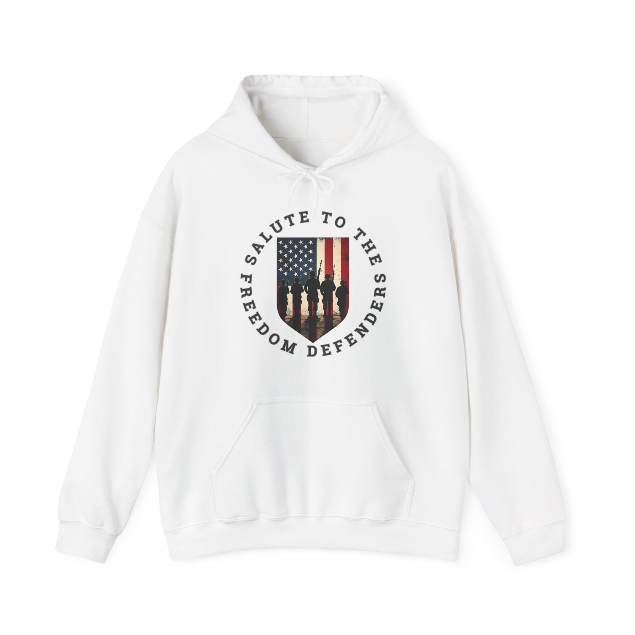 White hoodie with a graphic design of vintage USA flag with soldiers and "salute to the freedom defenders" text on a white background