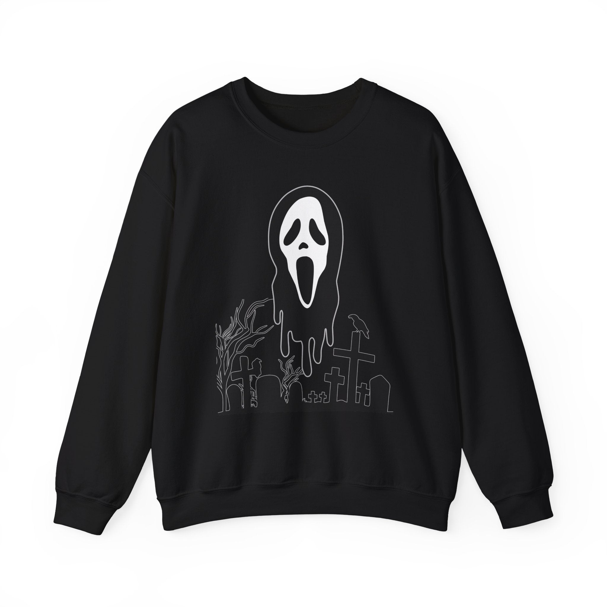 Black sweatshirt with a ghost face design on a white background