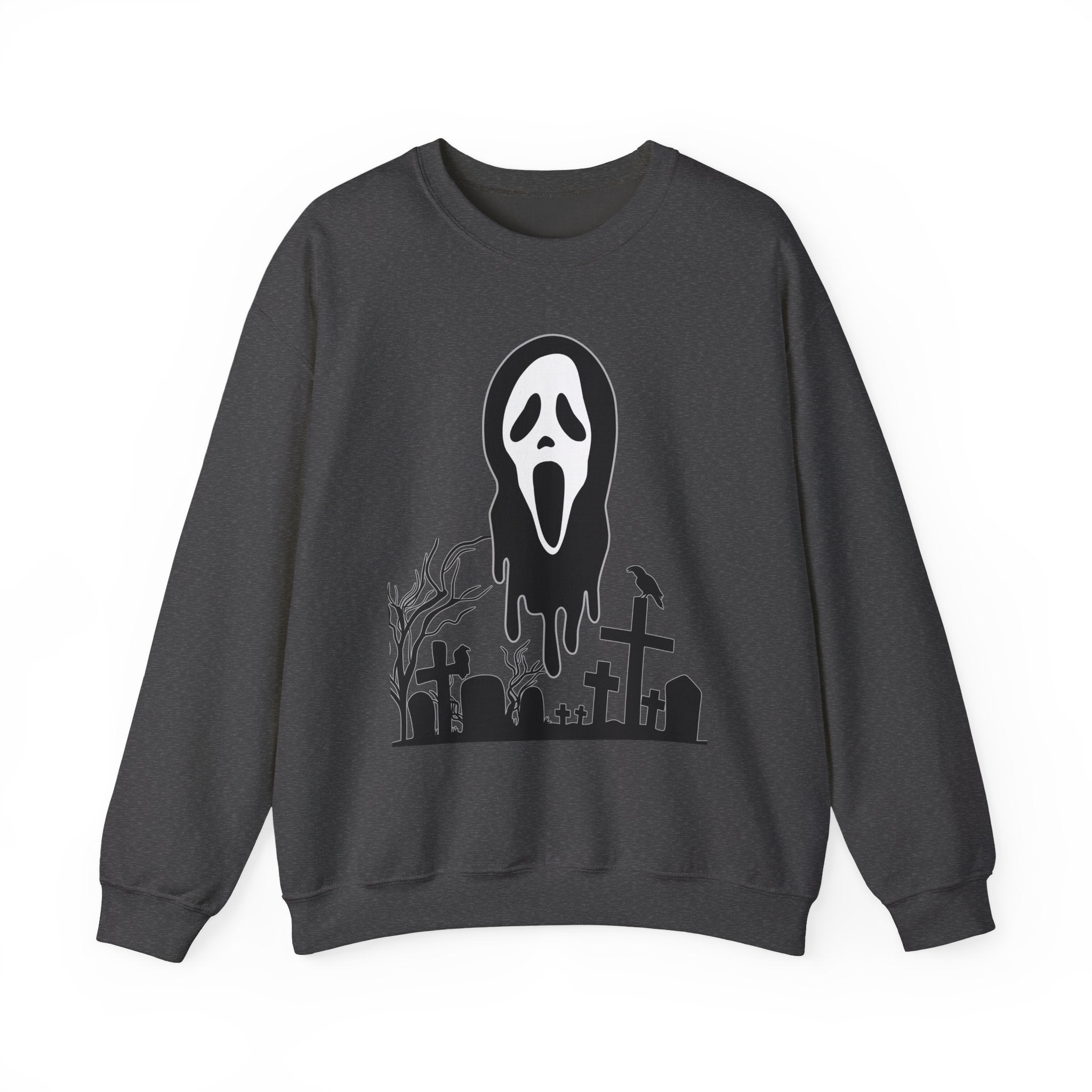 Dark gray sweatshirt with a graphic design of a ghost face and graveyard on a white background