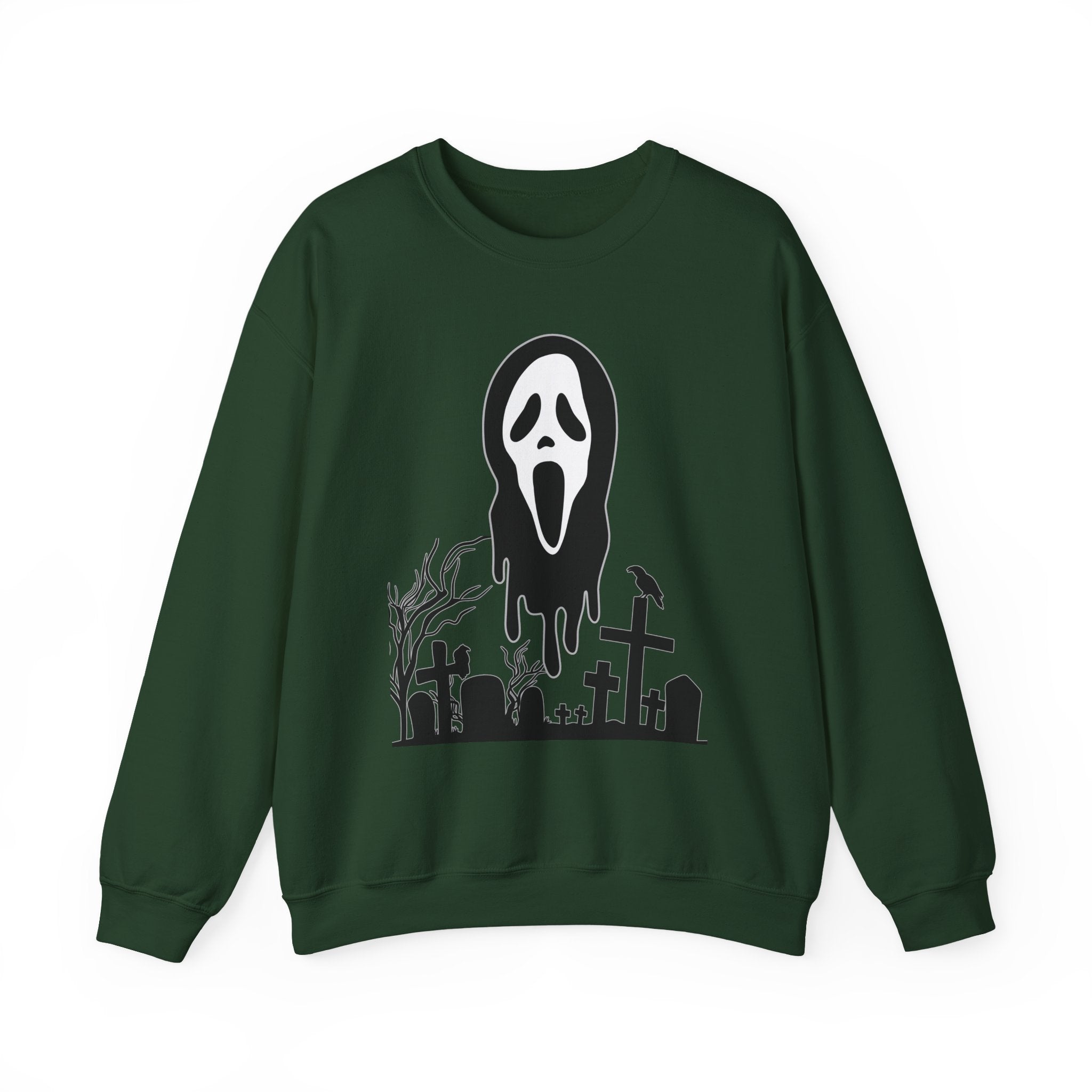 Forest green sweatshirt with a ghost face design on a white background