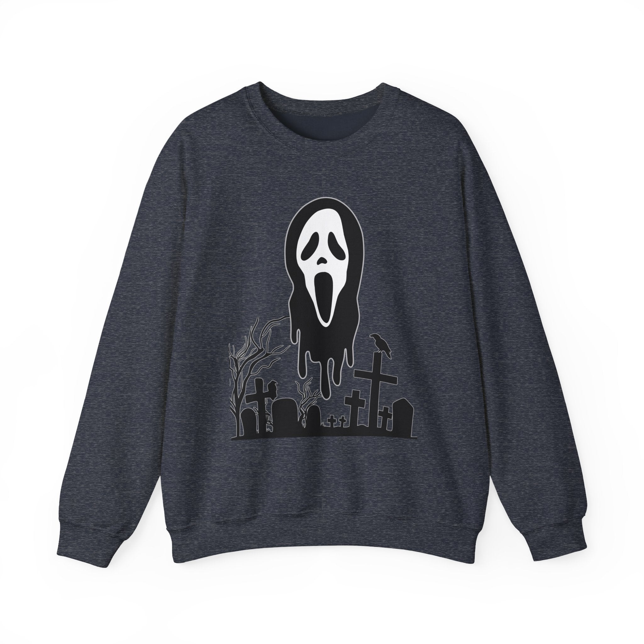 Heather Gray sweatshirt with a ghost face design on a white background