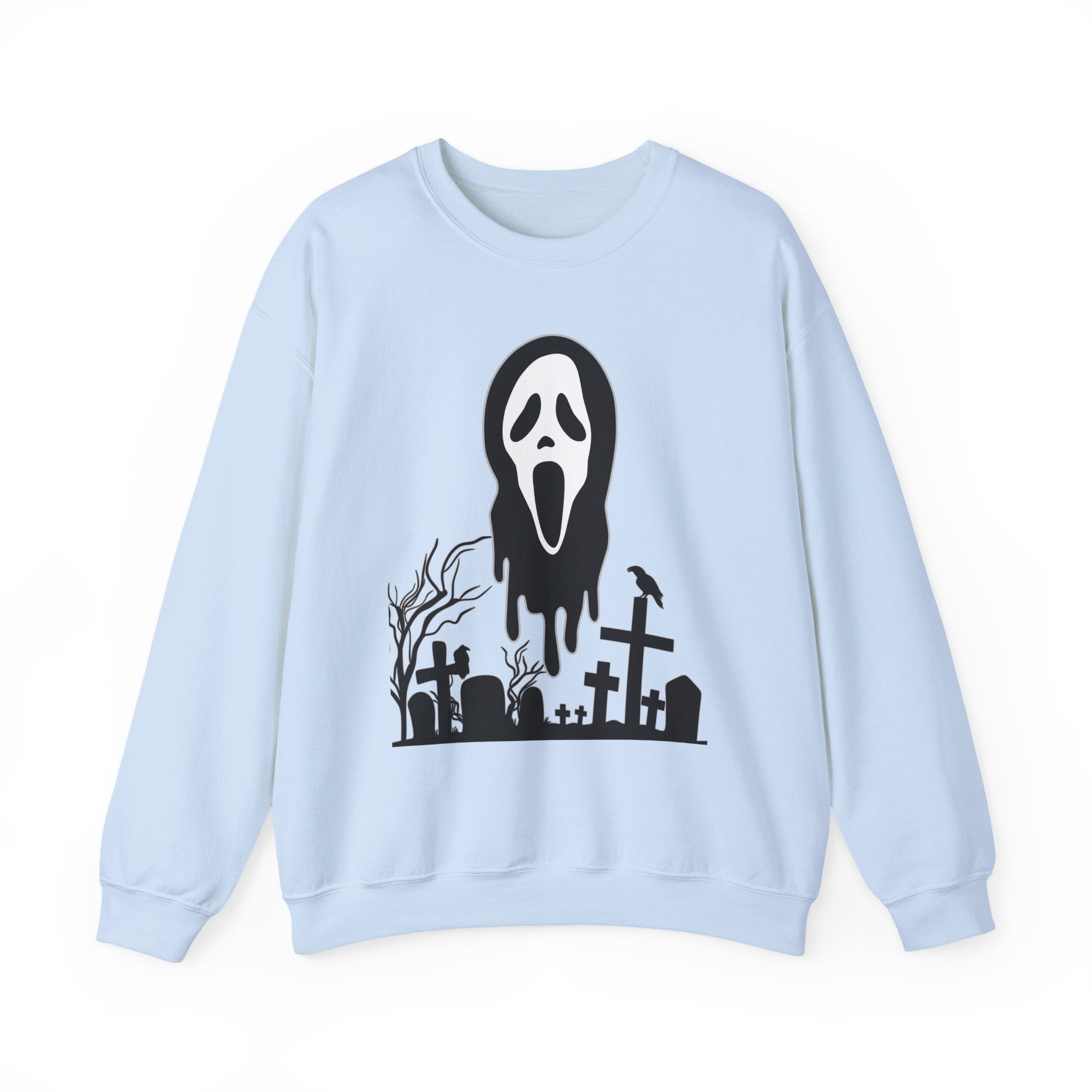 Light blue sweatshirt with a black graphic of a ghost face and graveyard on a white background