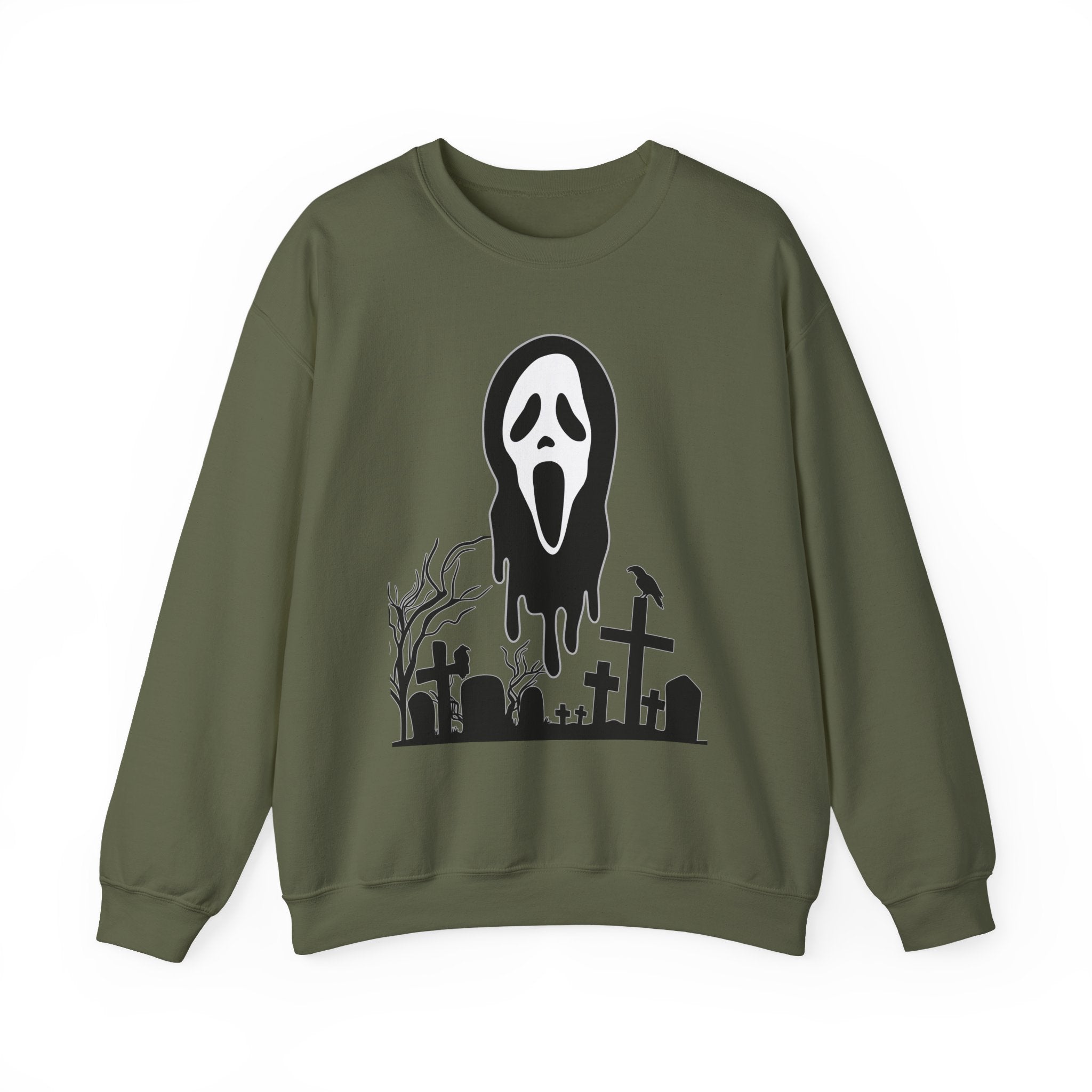 Military green sweatshirt with a graphic design of a ghost face and graveyard on a white background
