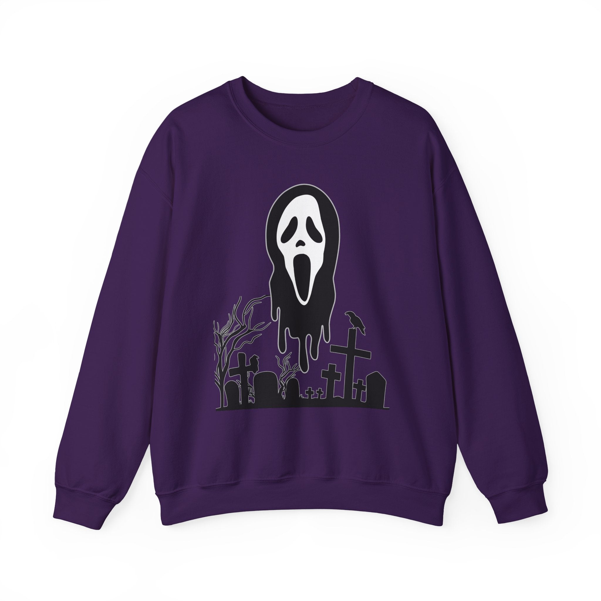 Purple sweatshirt with a ghost face design on a white background