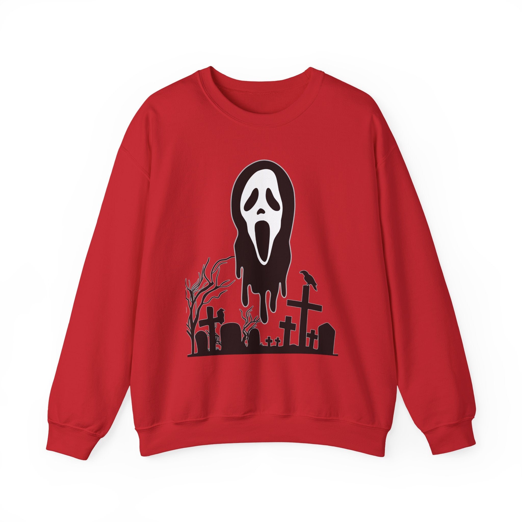 Red sweatshirt with a black graphic of a ghost face and graveyard on a white background