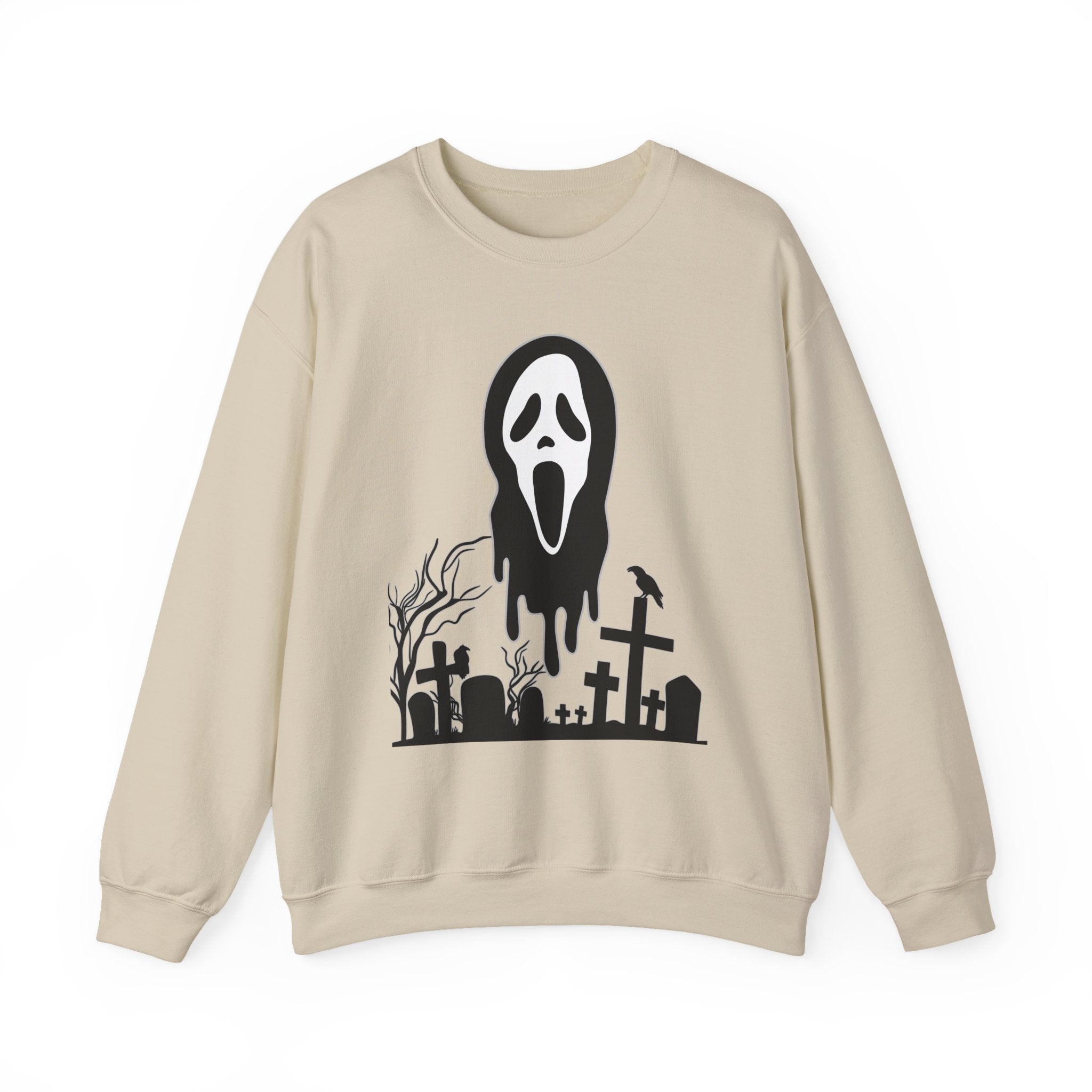 Beige sweatshirt with a black graphic of a ghost face and graveyard on a white background