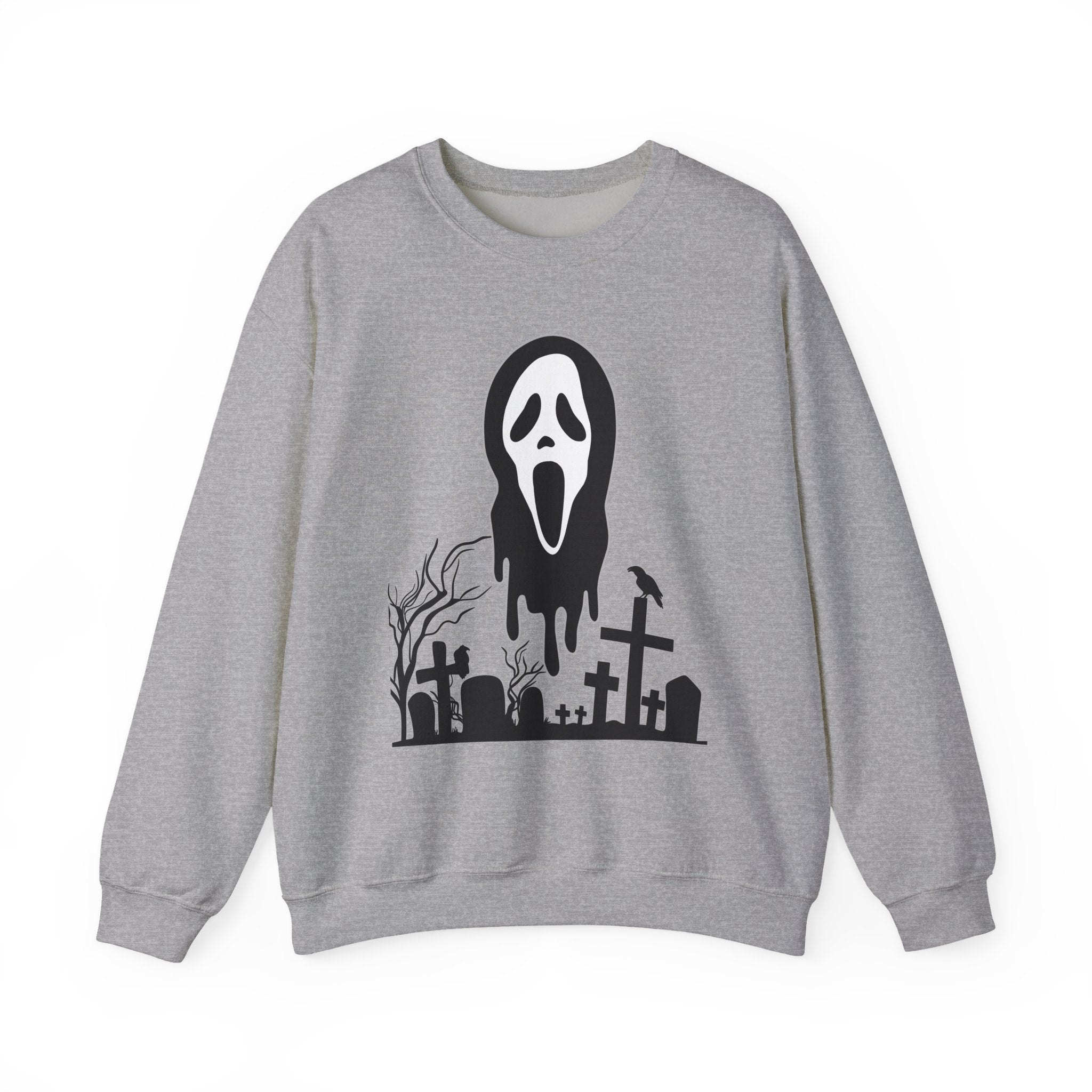 Gray sweatshirt with a black graphic of a ghost face and graveyard on a white background