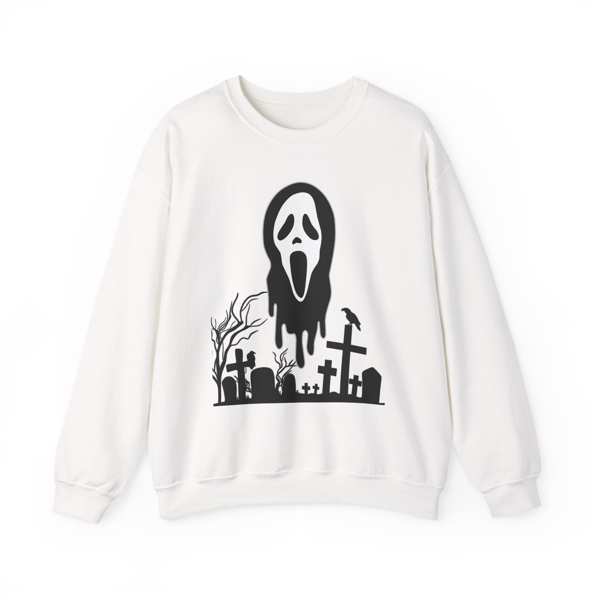 White sweatshirt with black graphic design of a ghost face and graveyard on a white background