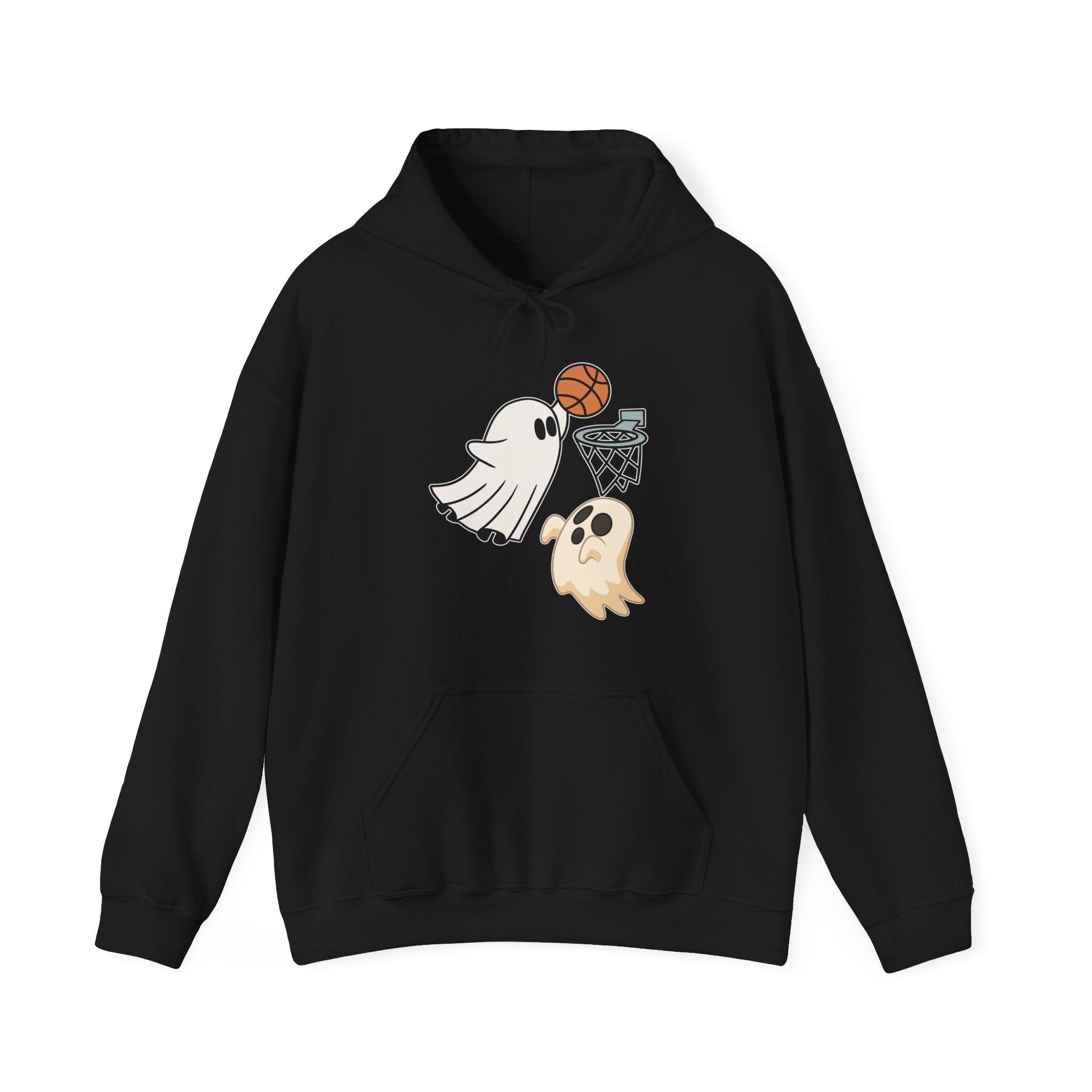 Black hoodie with ghost and basketball design on a white background