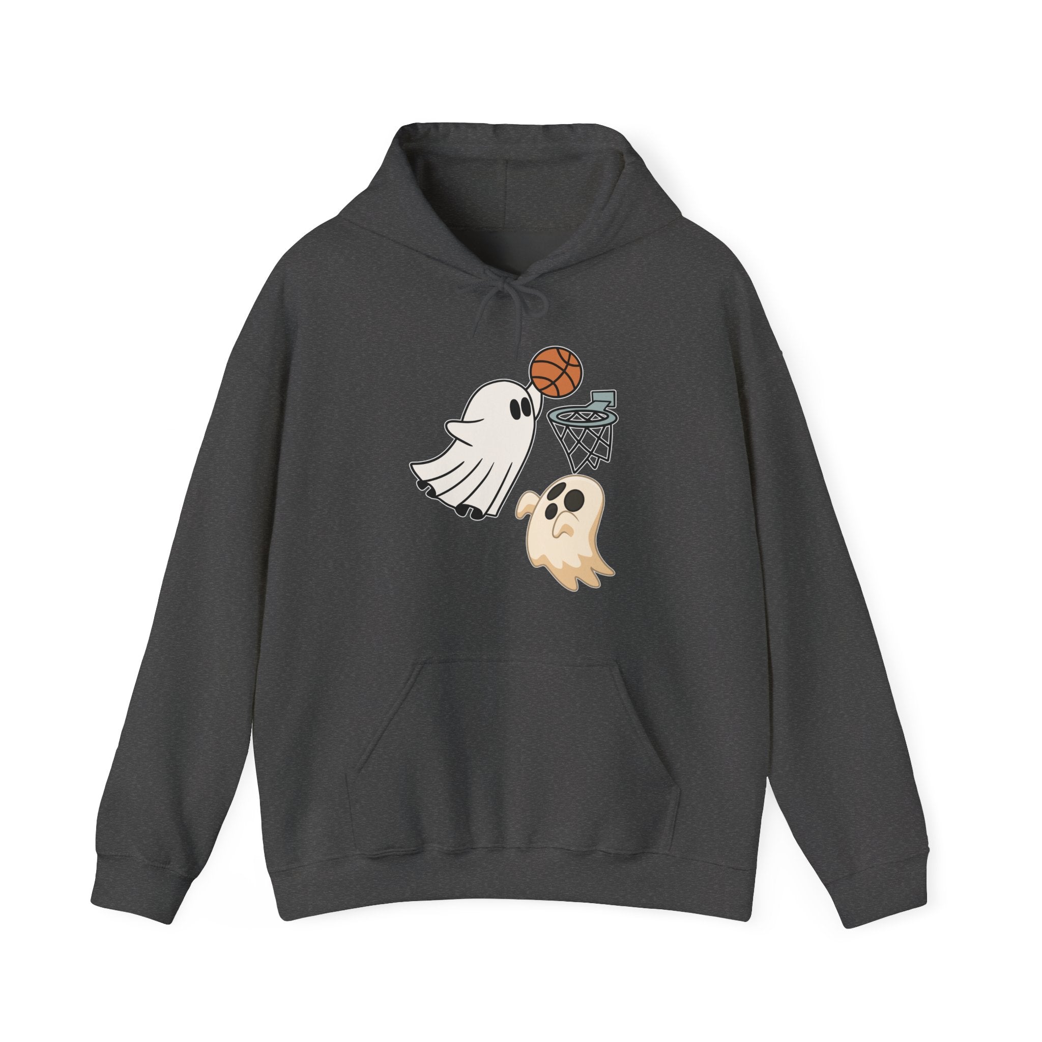 Dark gray hoodie with ghost and basketball design on a white background
