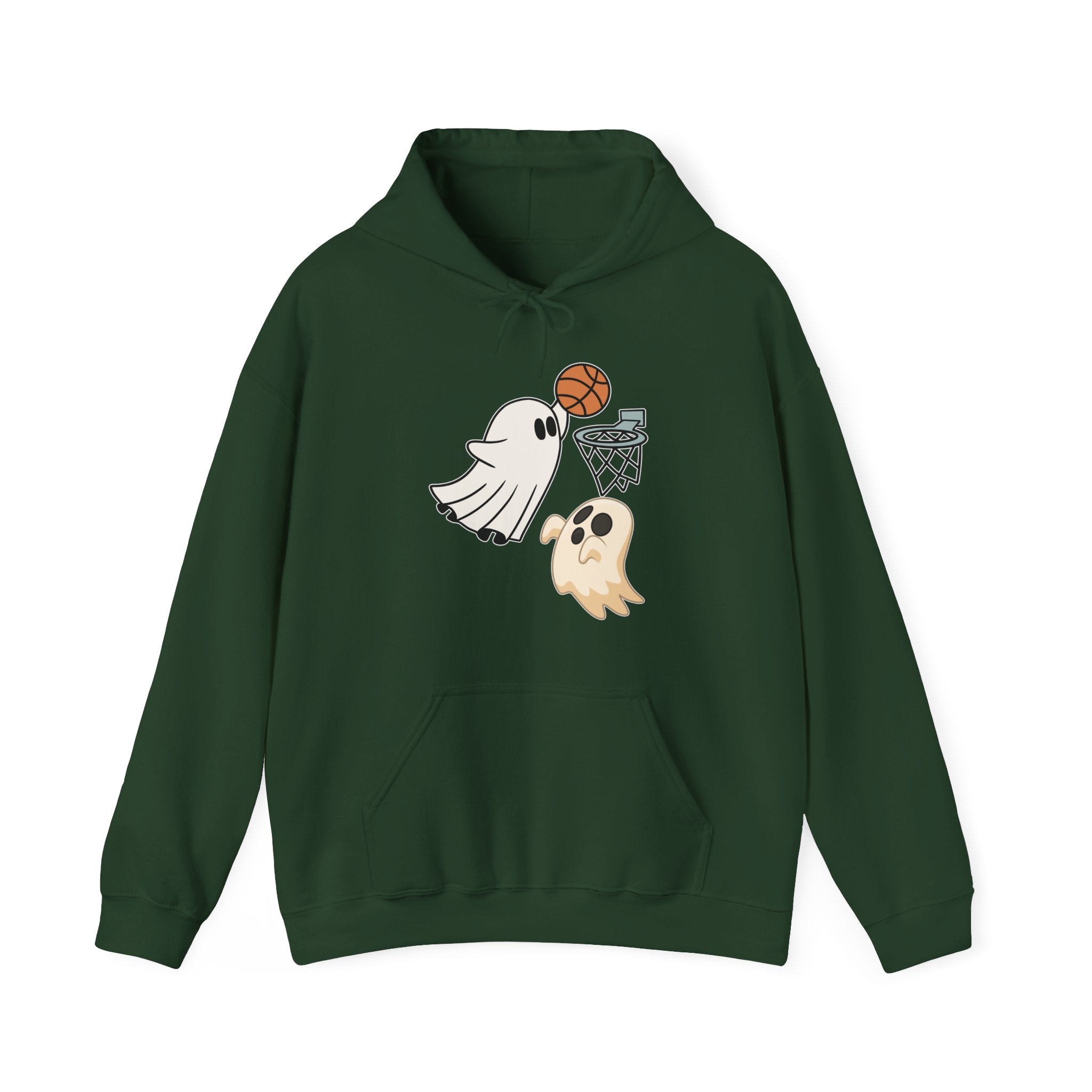 Forest green hoodie with ghost and basketball design on a white background