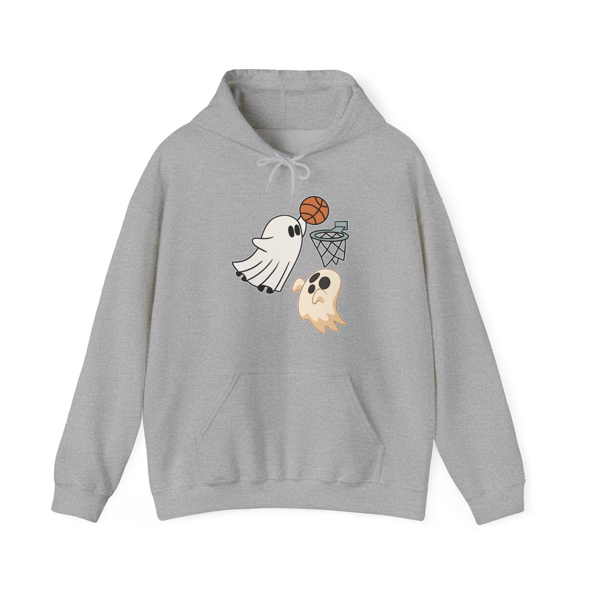 Gray hoodie with cartoon ghosts playing basketball design on a white background