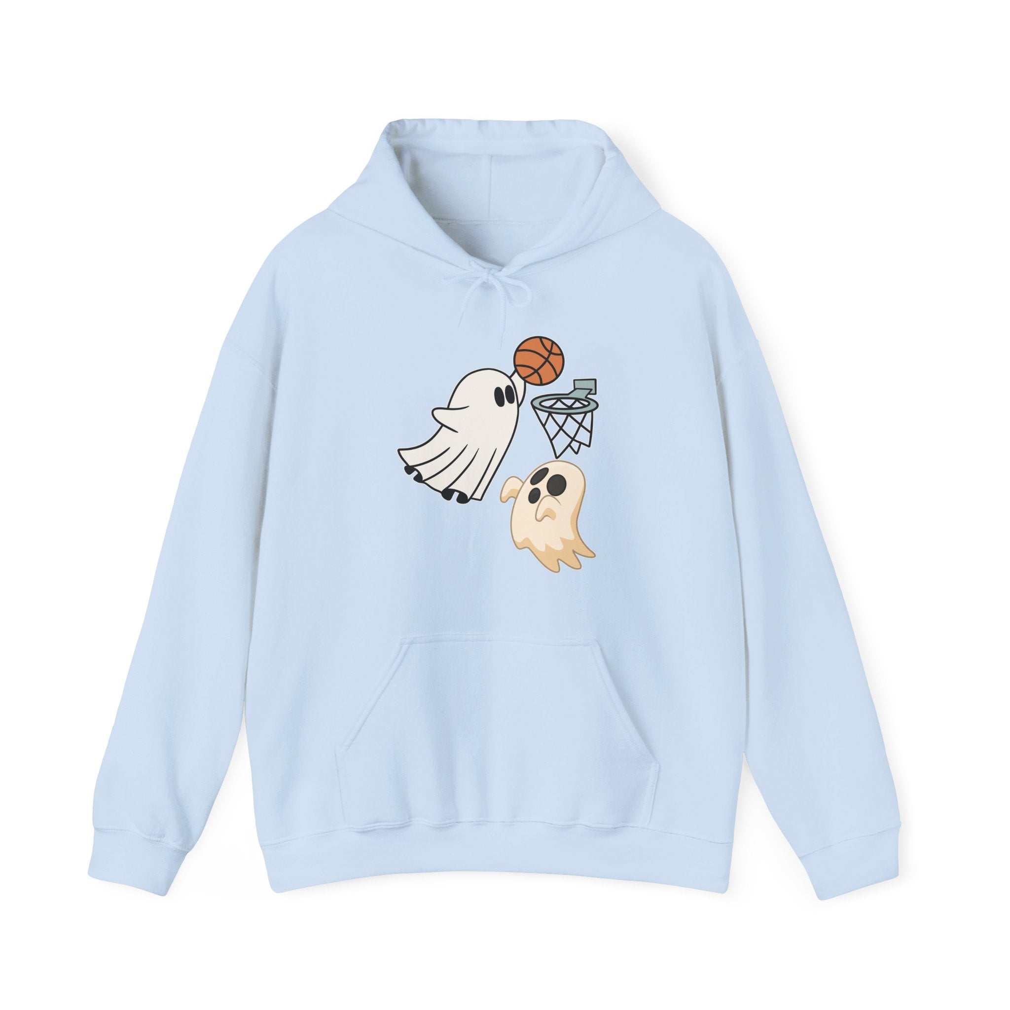 Light blue hoodie with ghost and basketball design on a white background