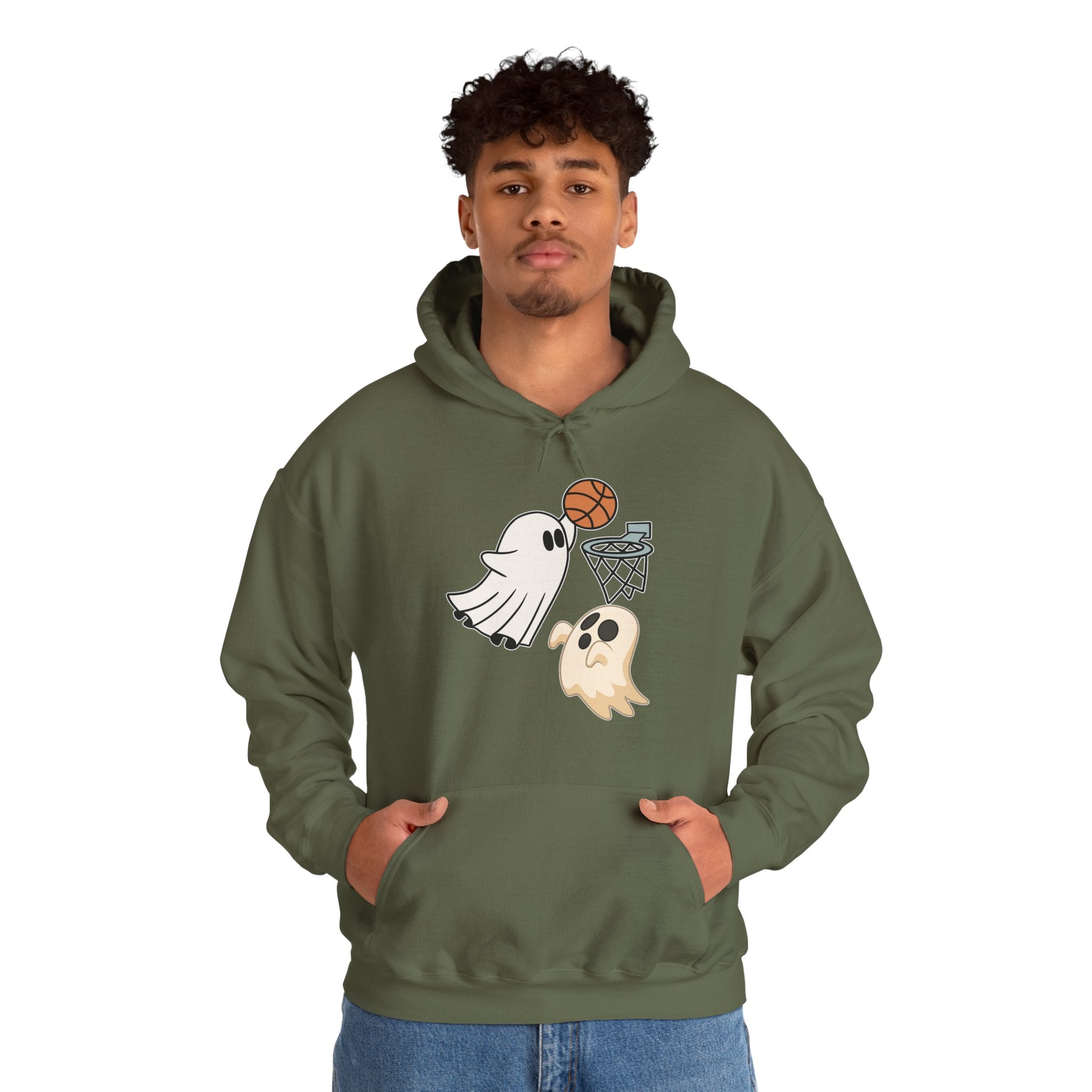 Person wearing a green hoodie with ghost and basketball design on a white background