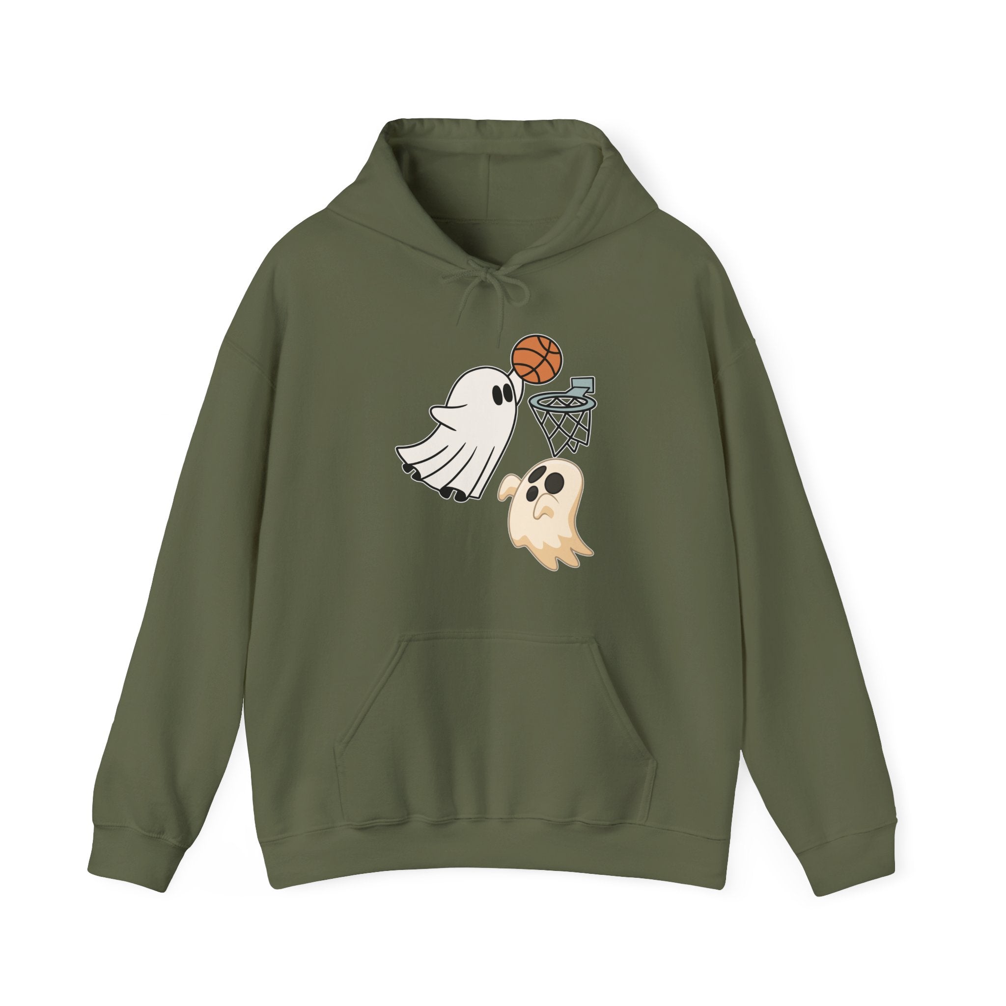 Military green hoodie with ghost and basketball design on a white background