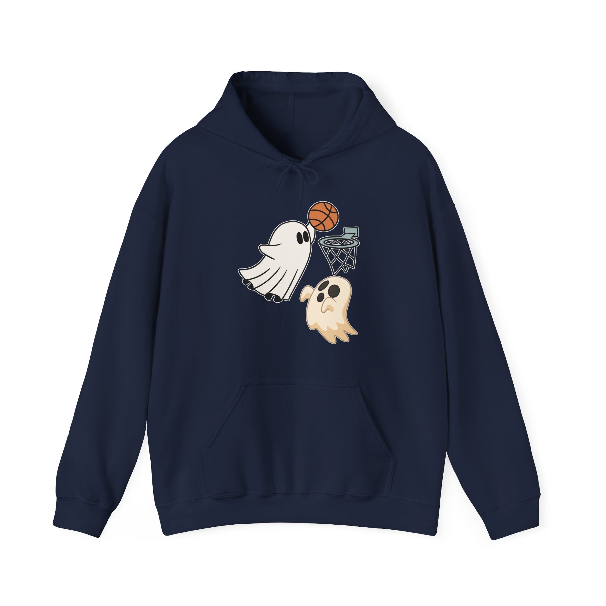 Navy blue hoodie with ghost and basketball design on a white background