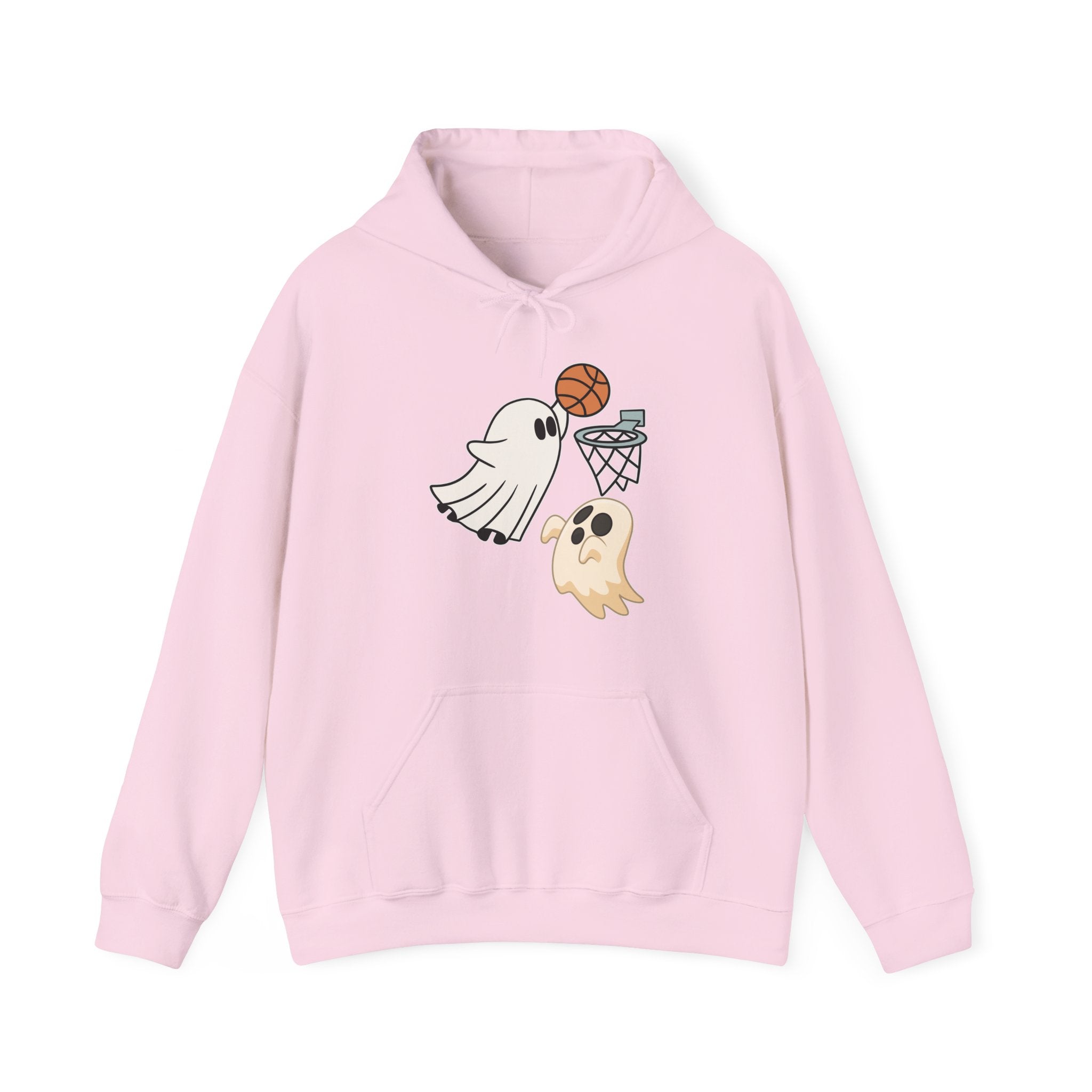 Pink hoodie with ghost and basketball design on a white background