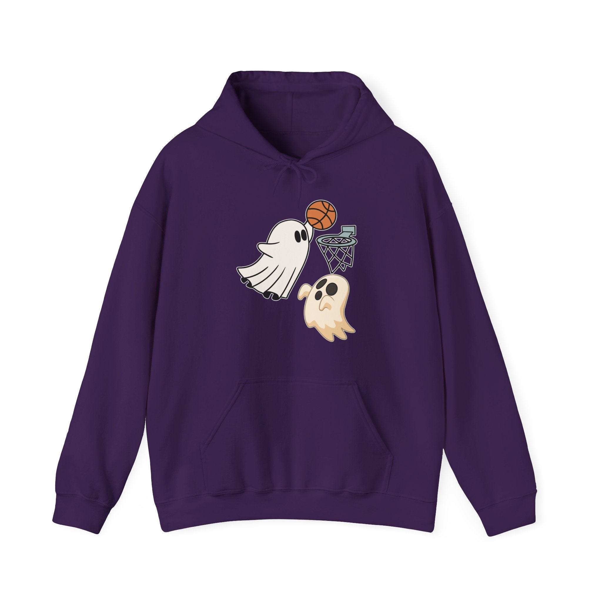 Purple hoodie with ghost and basketball design on a white background