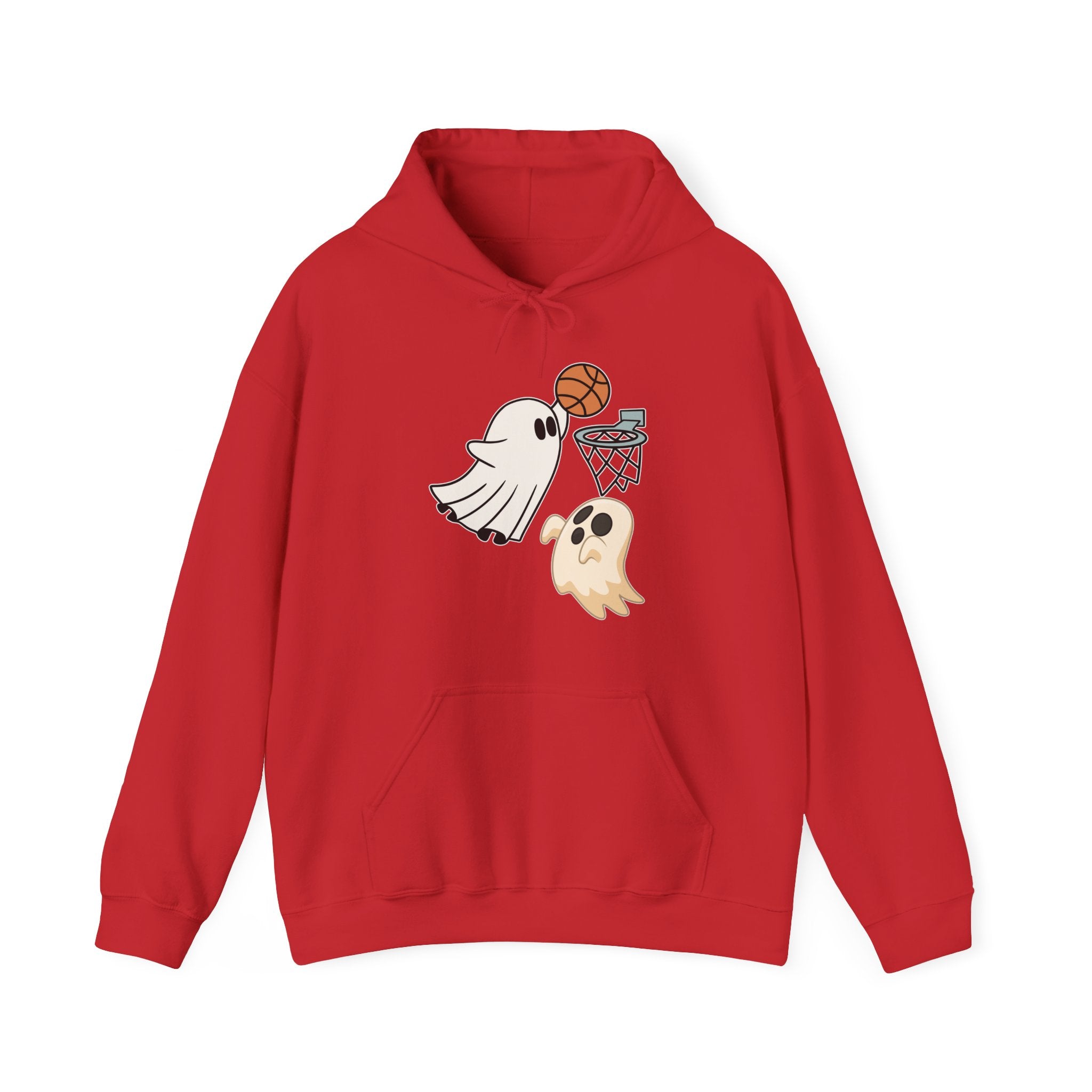 Red hoodie with ghost and basketball design on a white background