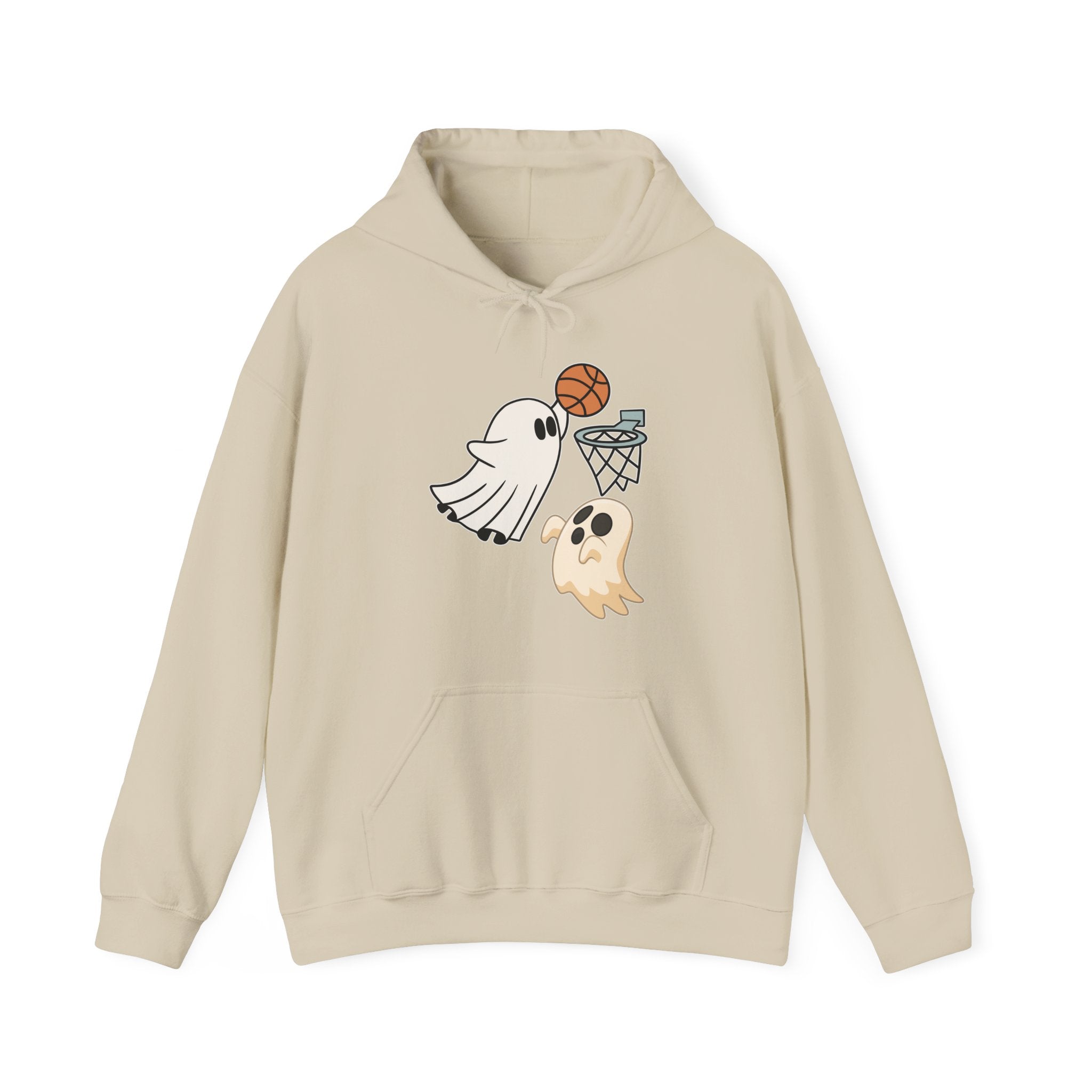 Beige hoodie with ghost and basketball design on a white background