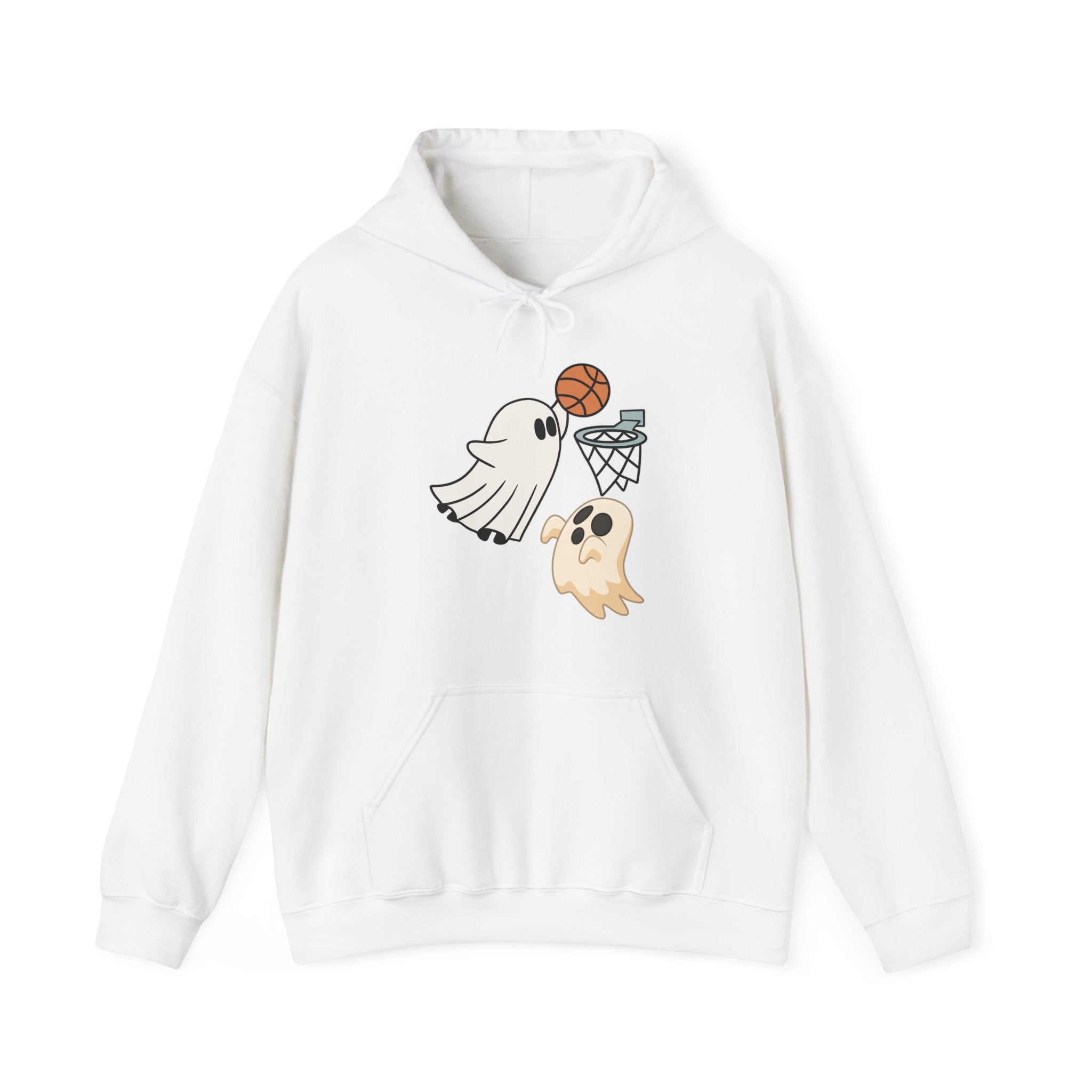 White hoodie with cartoon ghosts playing basketball design on a white background