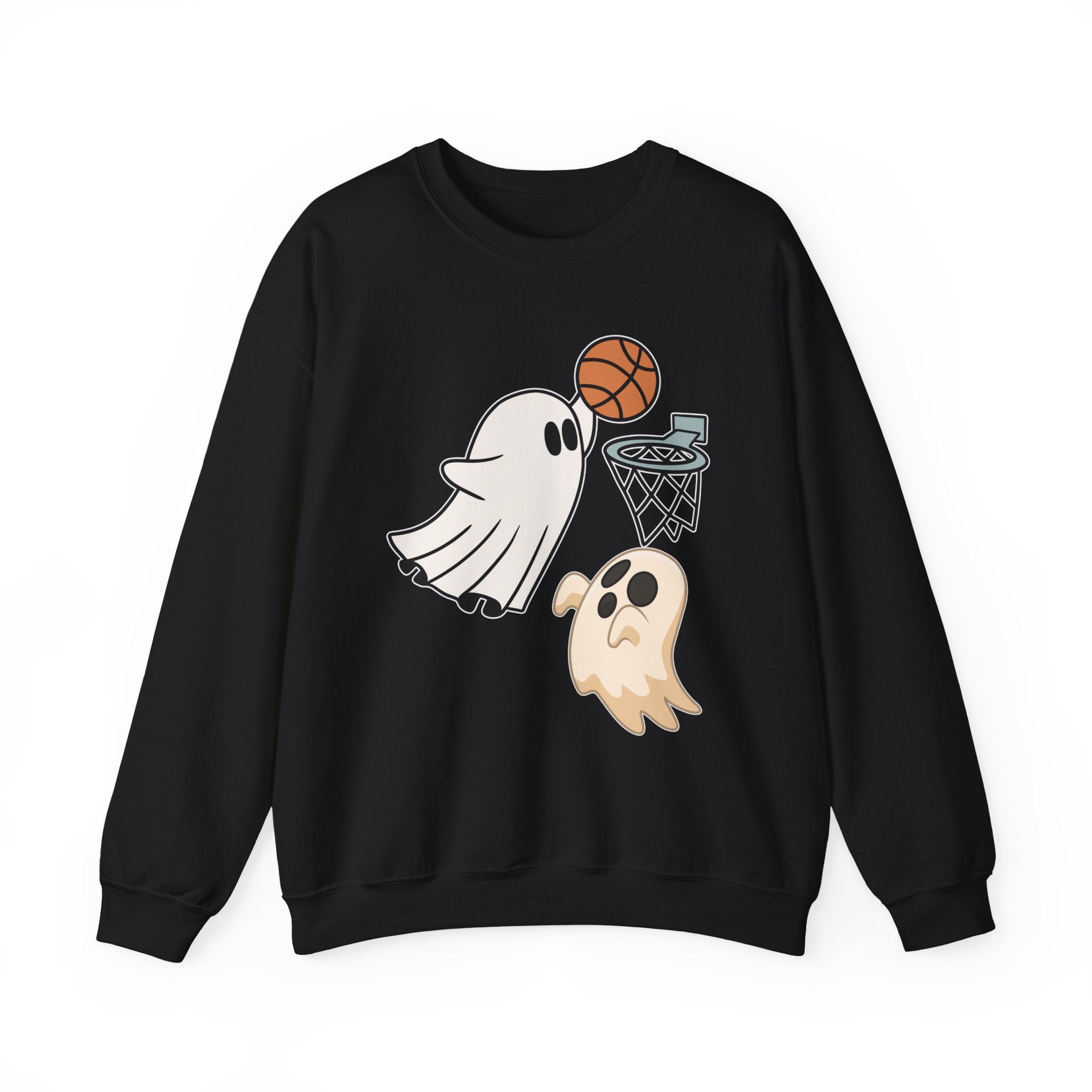 Black sweatshirt with ghost and basketball graphic on a white background