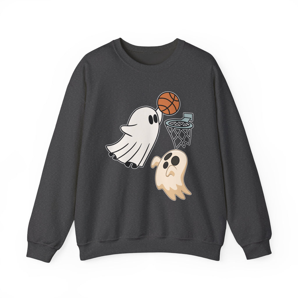 Dark heather sweatshirt with ghost and basketball design on a white background