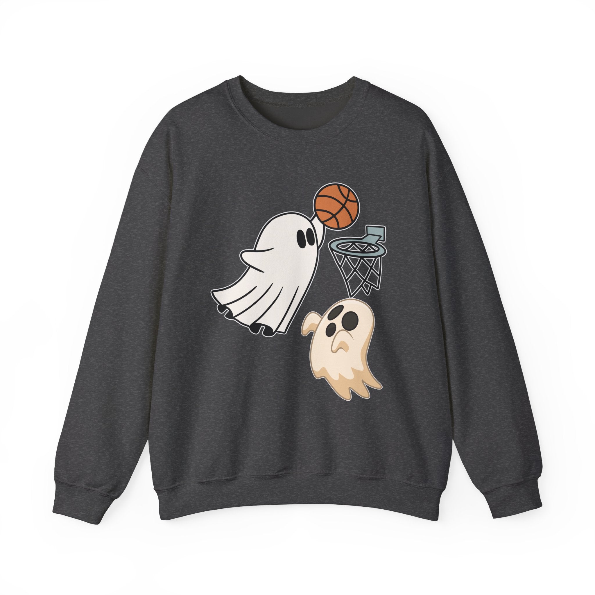 Dark heather sweatshirt with ghost and basketball design on a white background