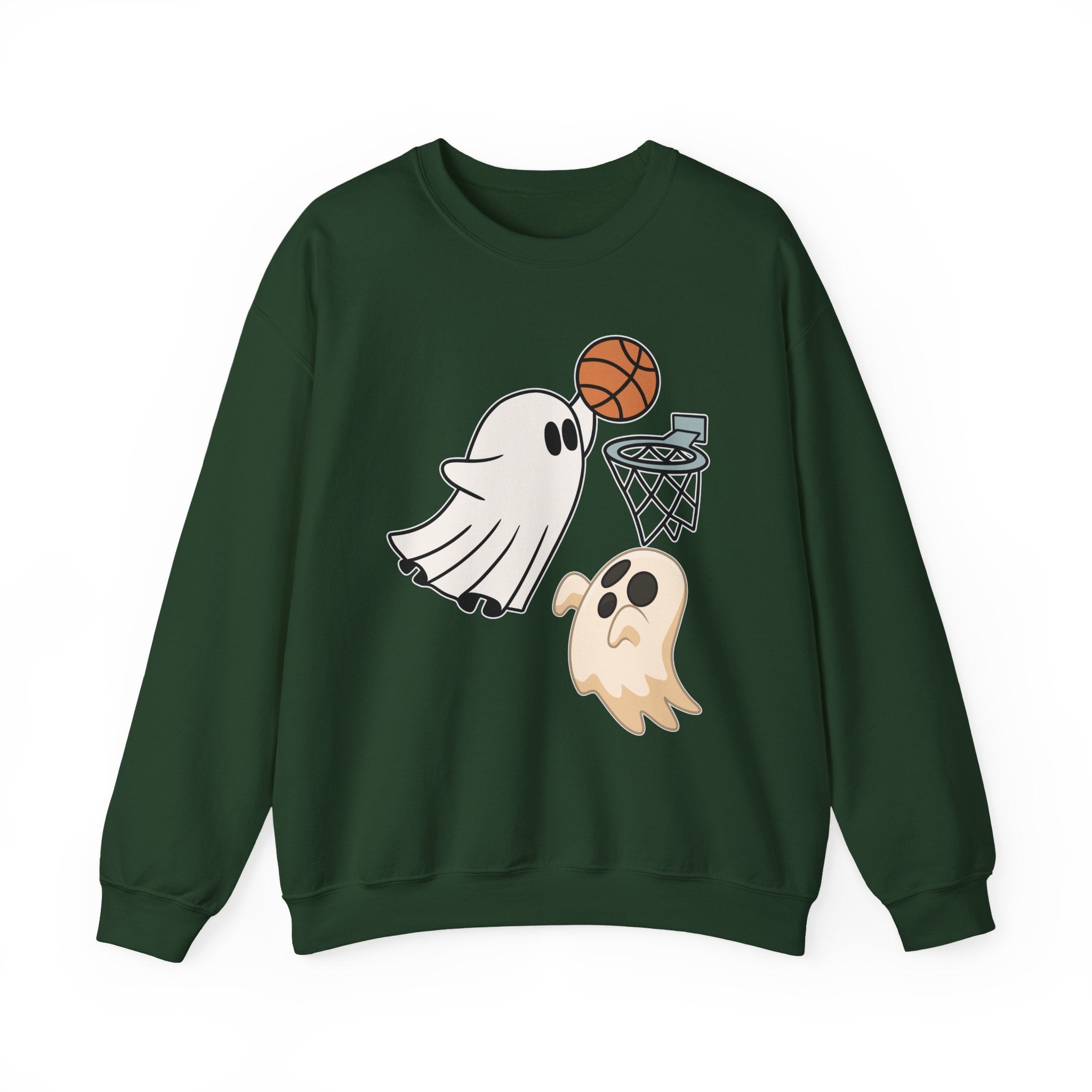 Forest green sweatshirt with ghost and basketball design on a white background