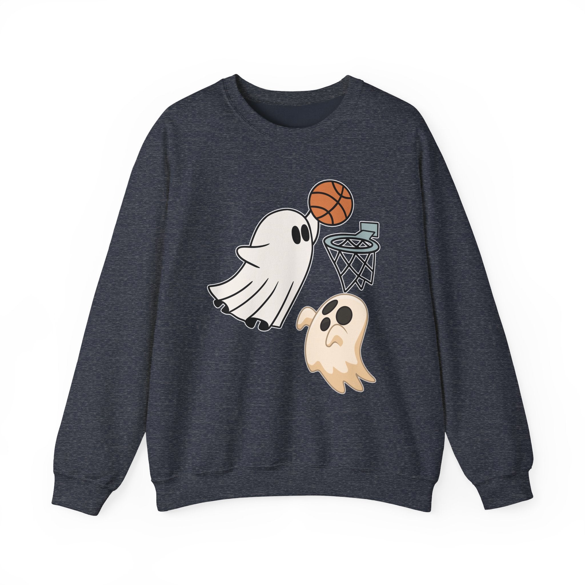 Heather sport dark navy sweatshirt with ghost and basketball graphic on a white background