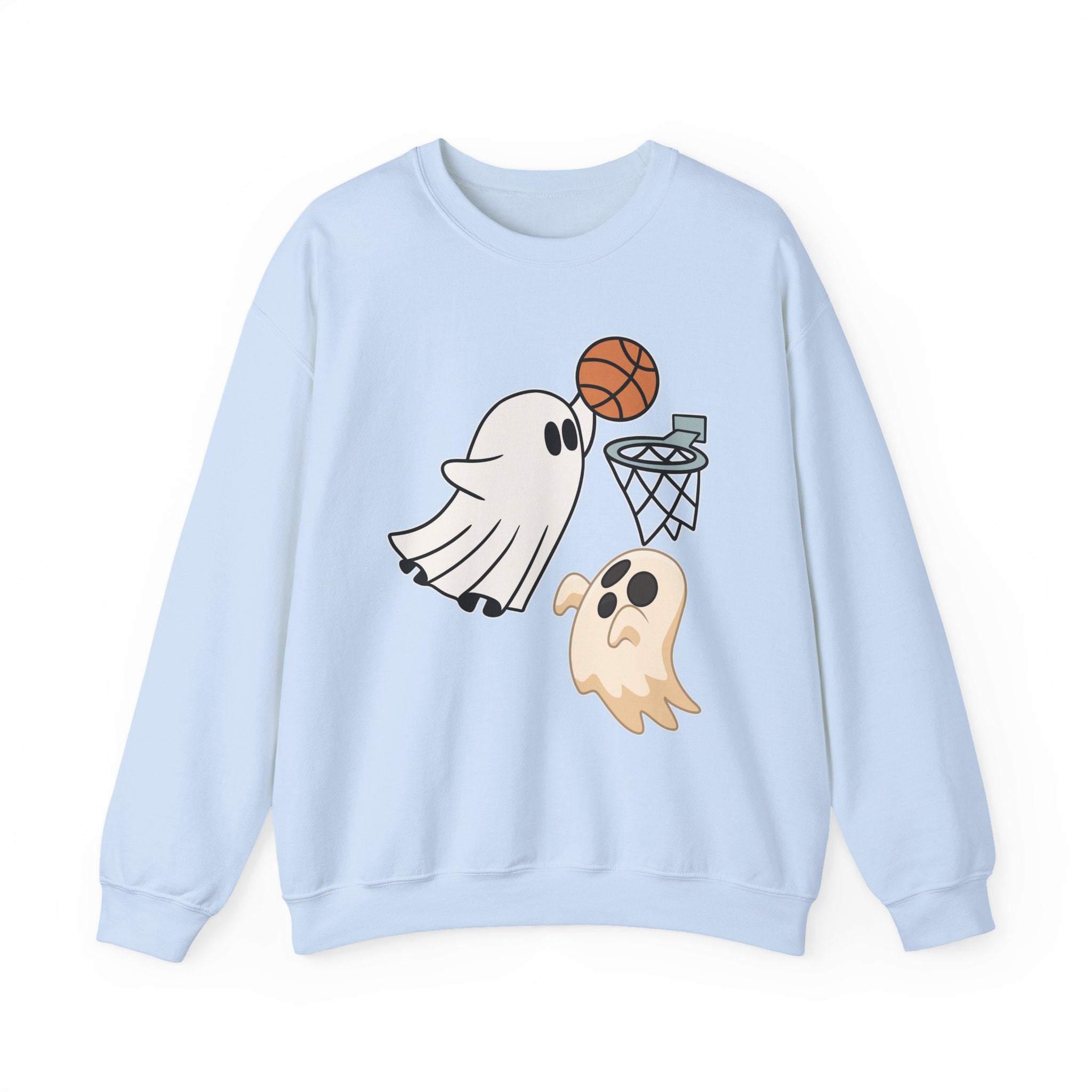 Light blue sweatshirt with cartoon ghosts playing basketball design on a white background