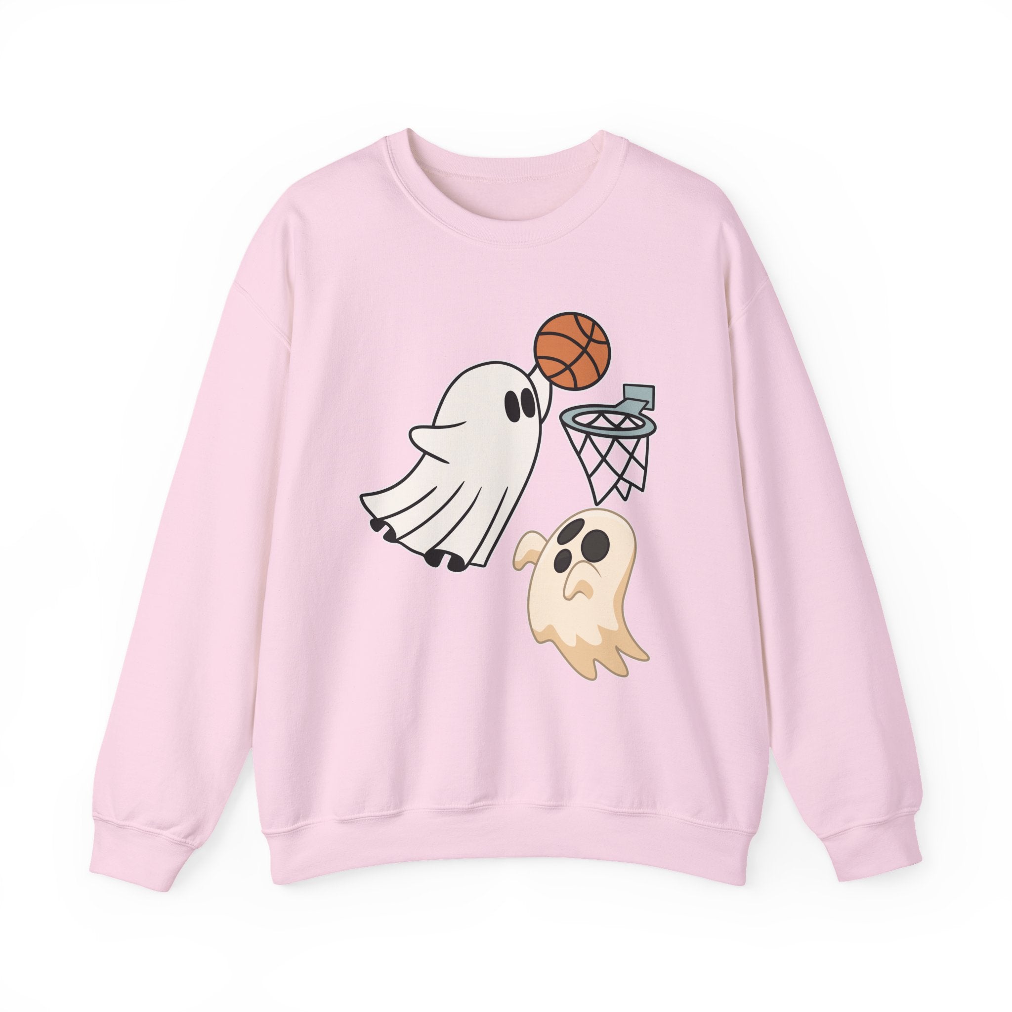 Light pink sweatshirt with cartoon ghosts playing basketball on a white background