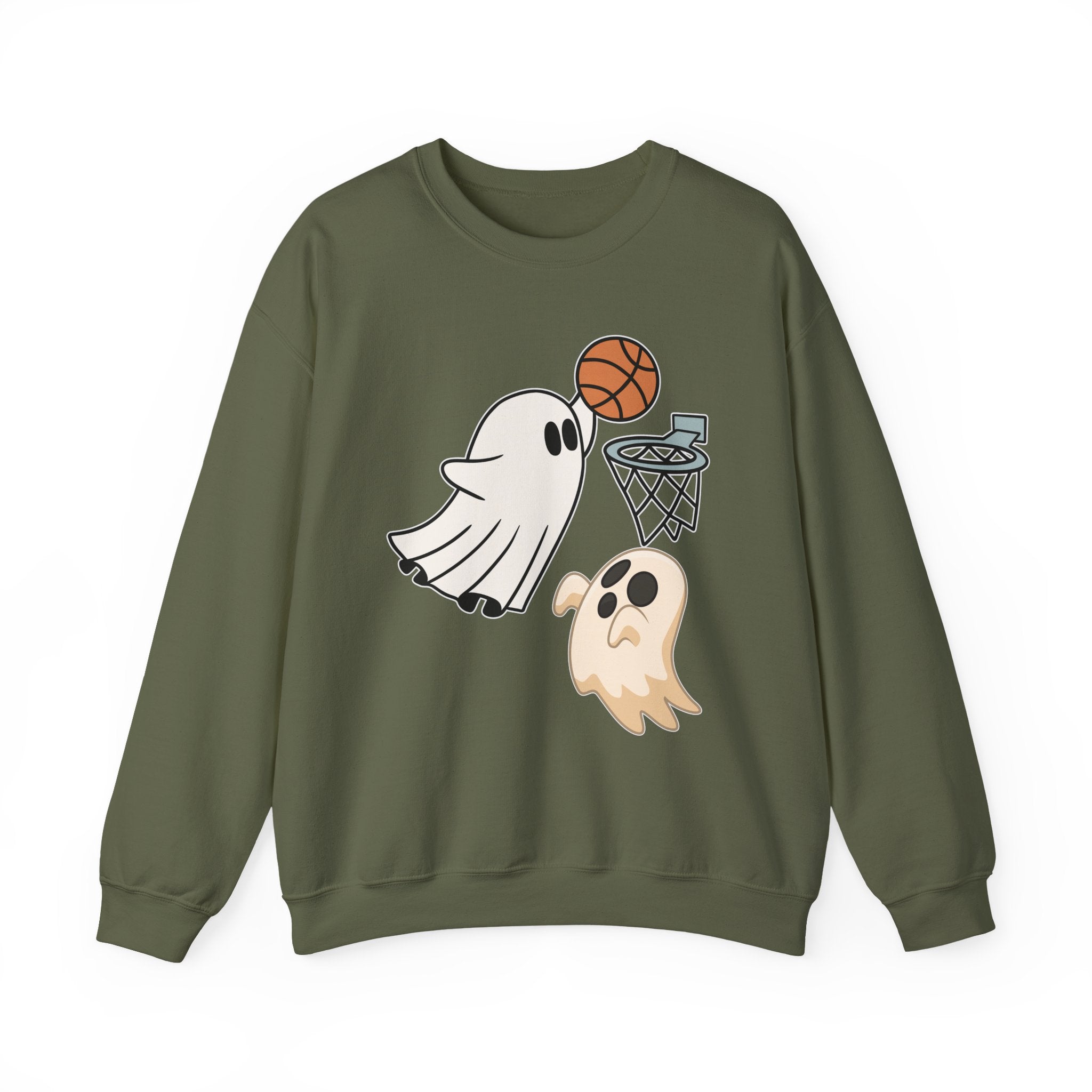 Military green sweatshirt with ghost and basketball design on a white background