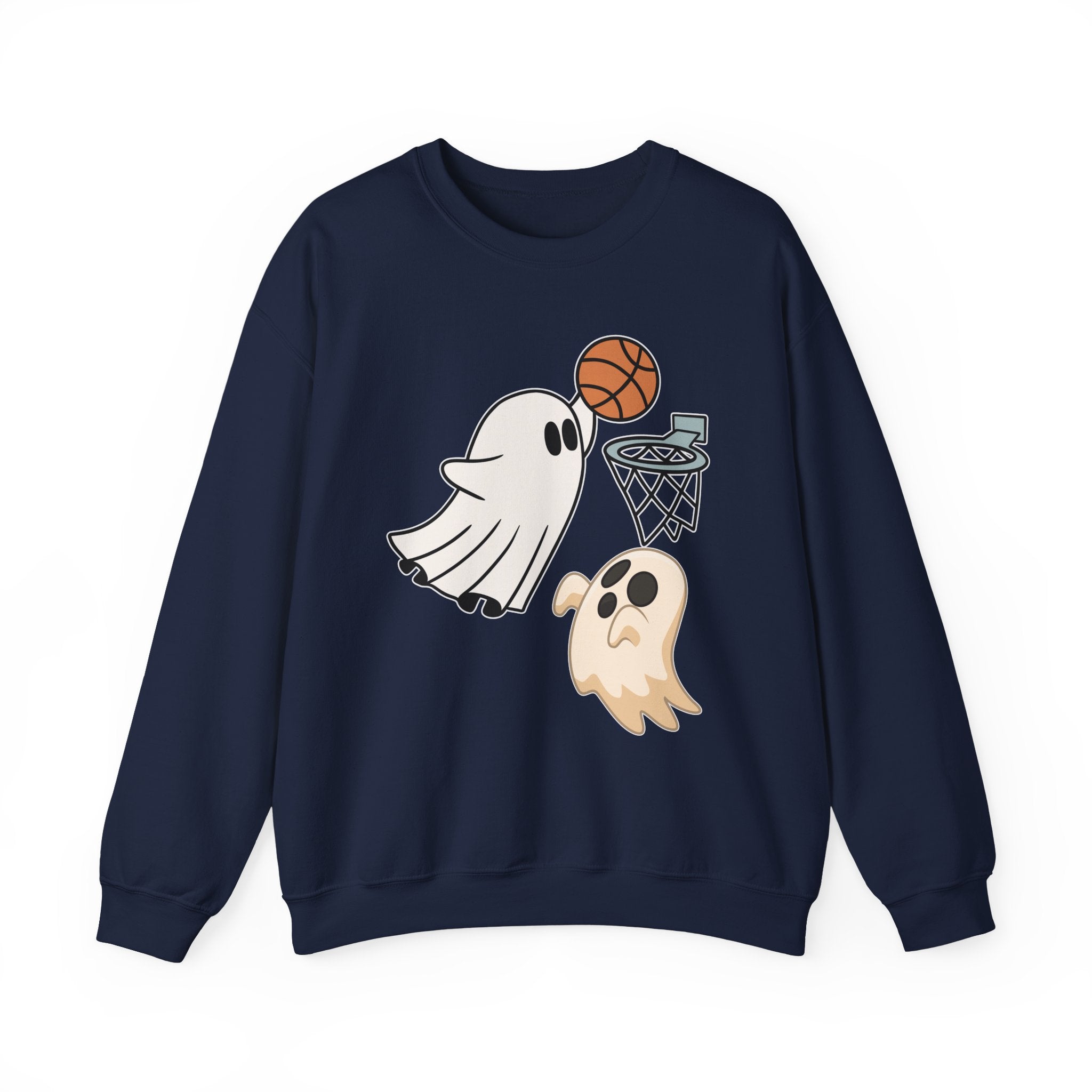Navy blue sweatshirt with ghost and basketball design on a white background