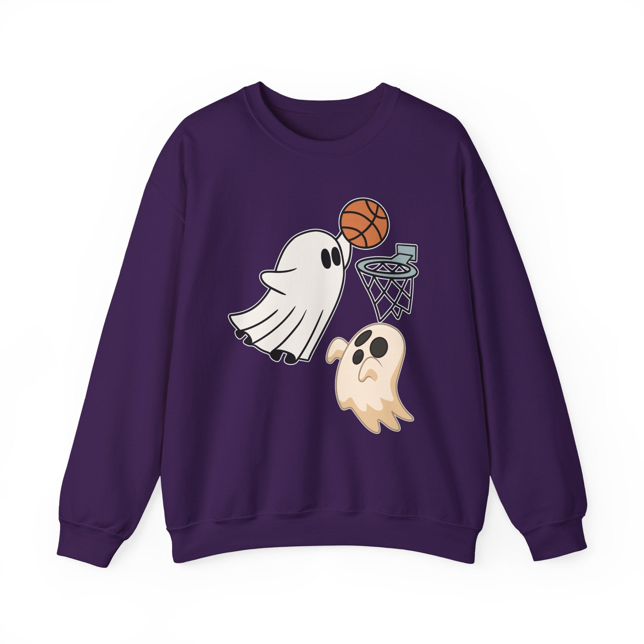 Purple sweatshirt with ghost and basketball design on a white background
