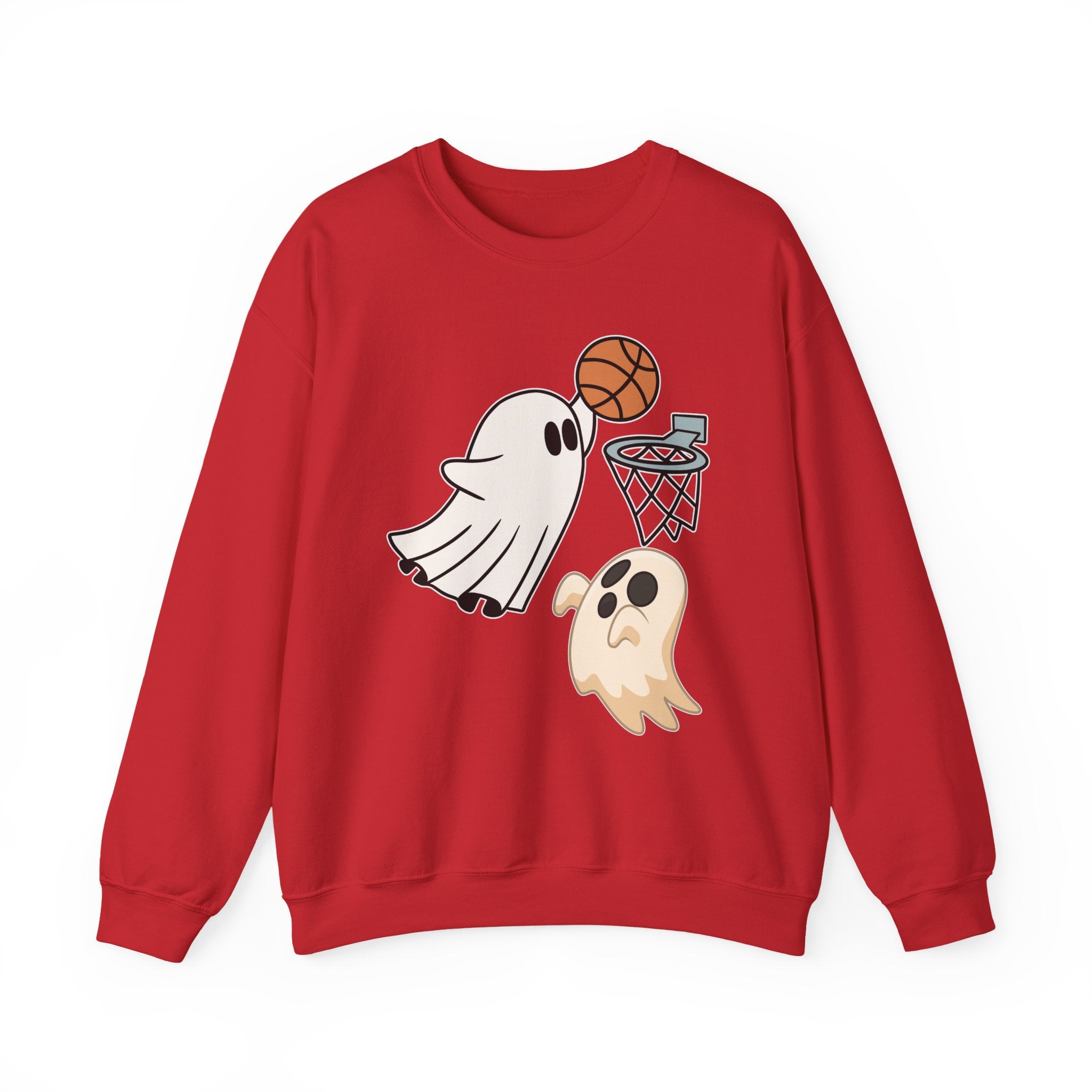 Red sweatshirt with ghost and basketball graphics on a white background
