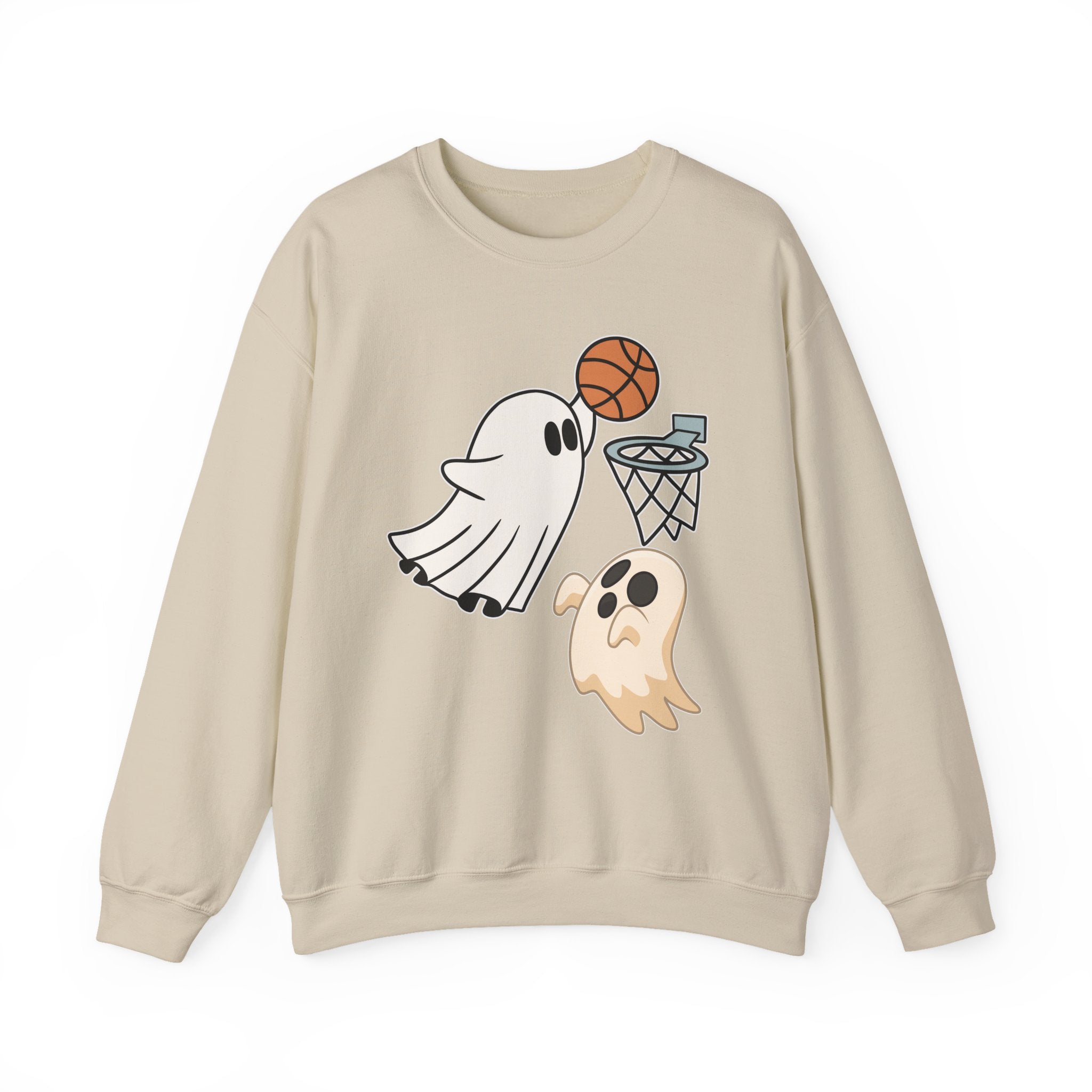 Beige sweatshirt with ghost and basketball design on a white background