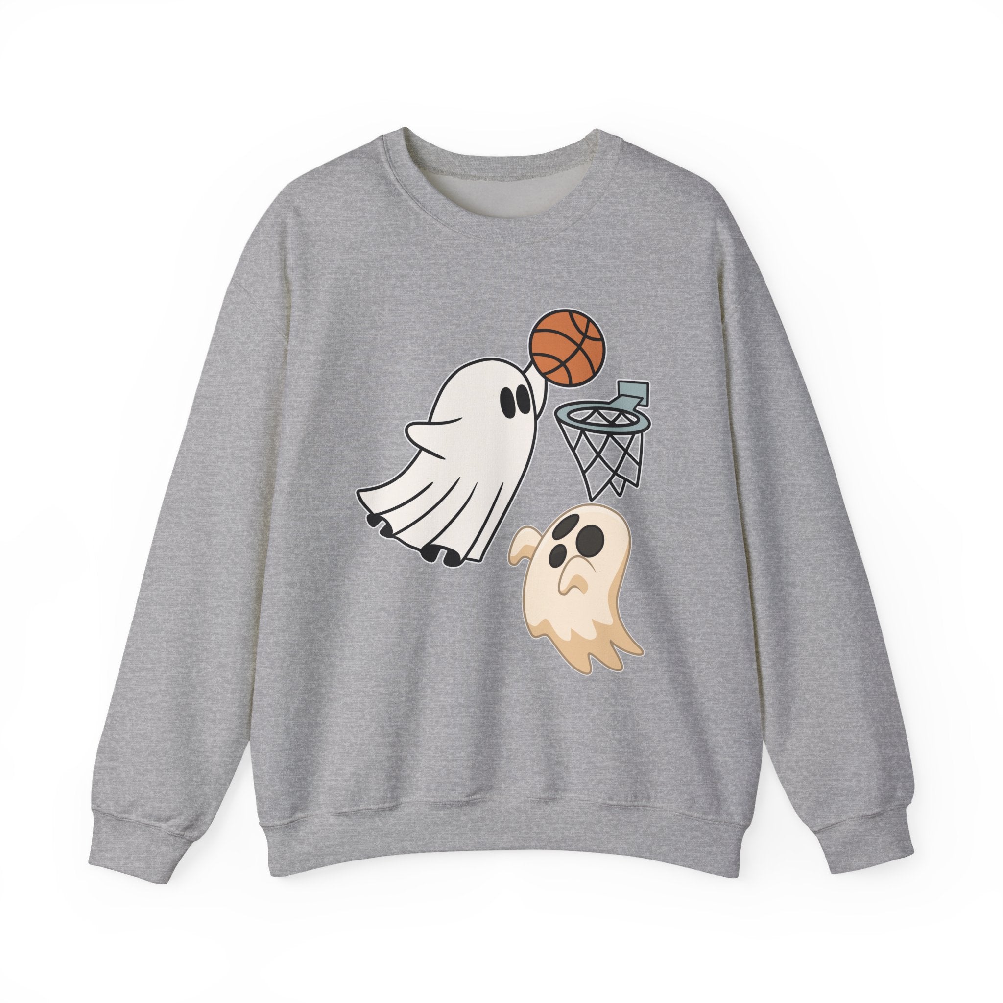 Gray sweatshirt with cartoon ghosts playing basketball design on a white background