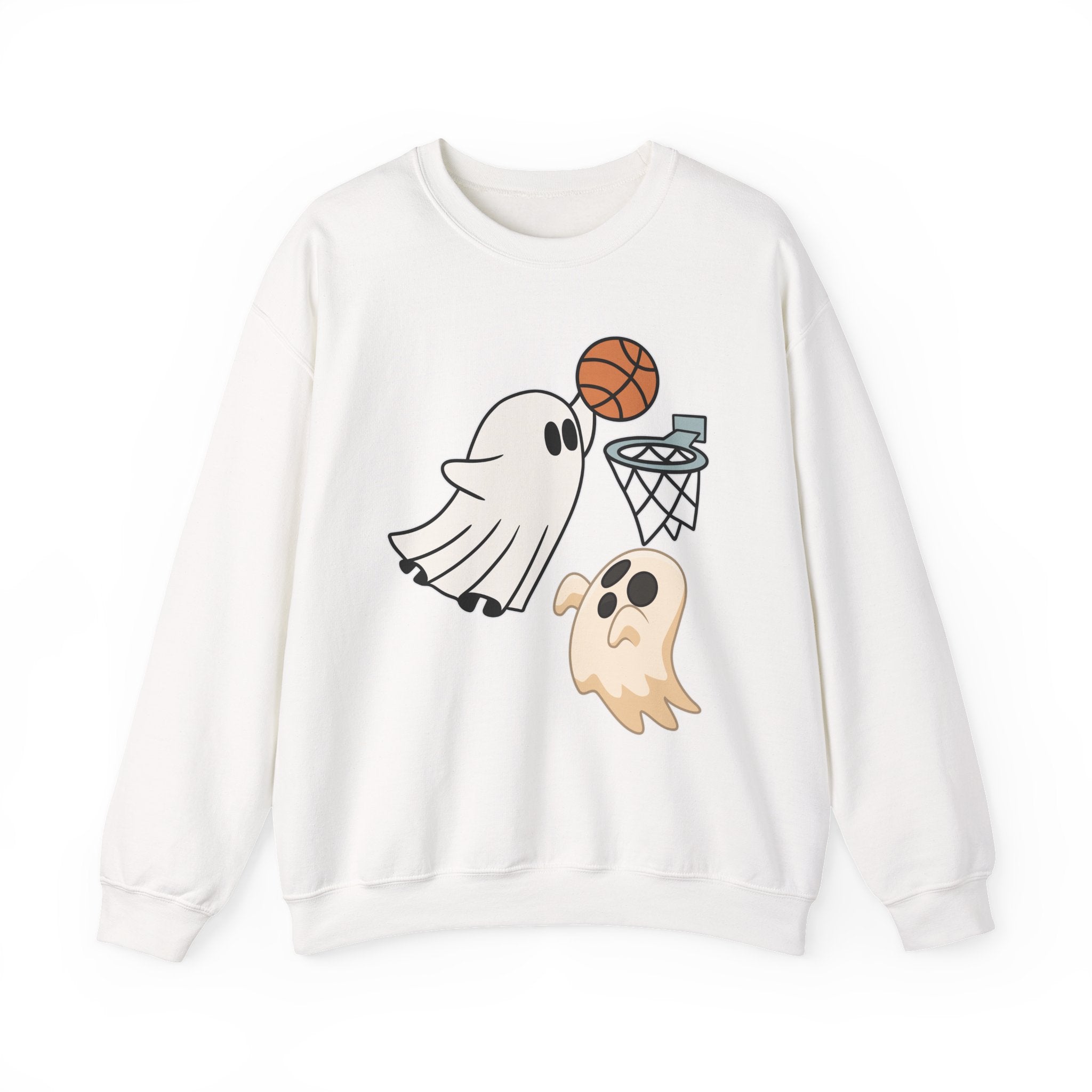 White sweatshirt with ghost and basketball design on a white background