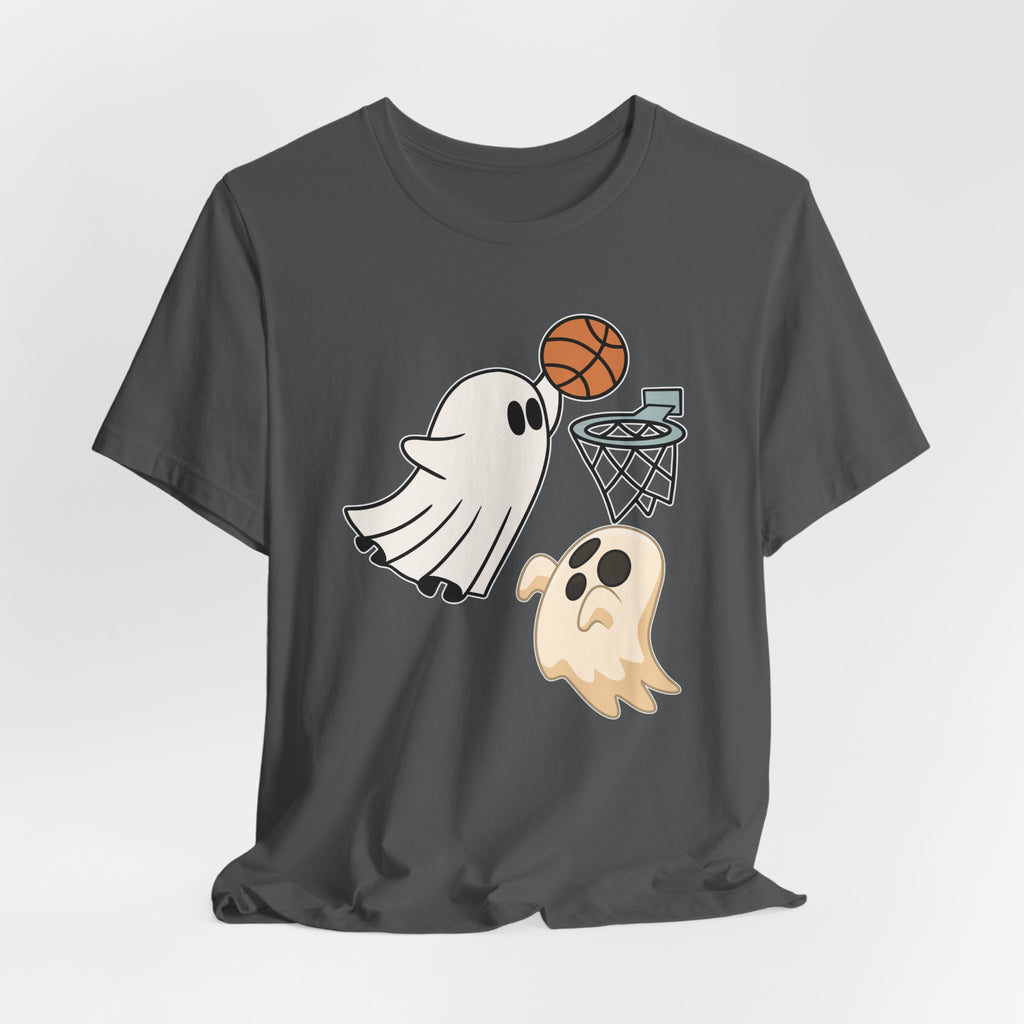 Asphalt gray t-shirt featuring cute spooky halloween ghosts playing basketball design on a white background
