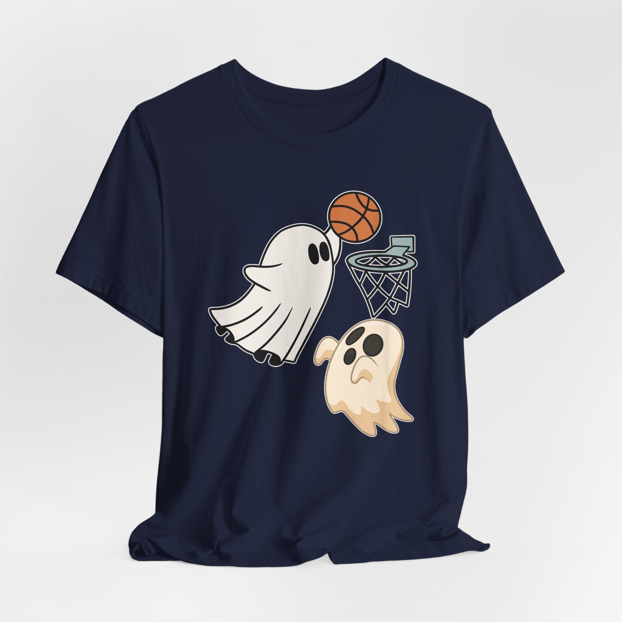 Navy blue t-shirt with ghost and basketball design on a white background