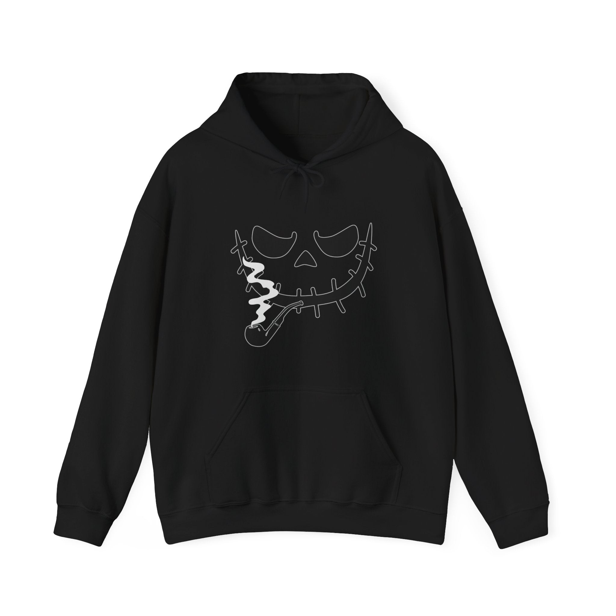 Black hoodie with a white graphic design on a white background