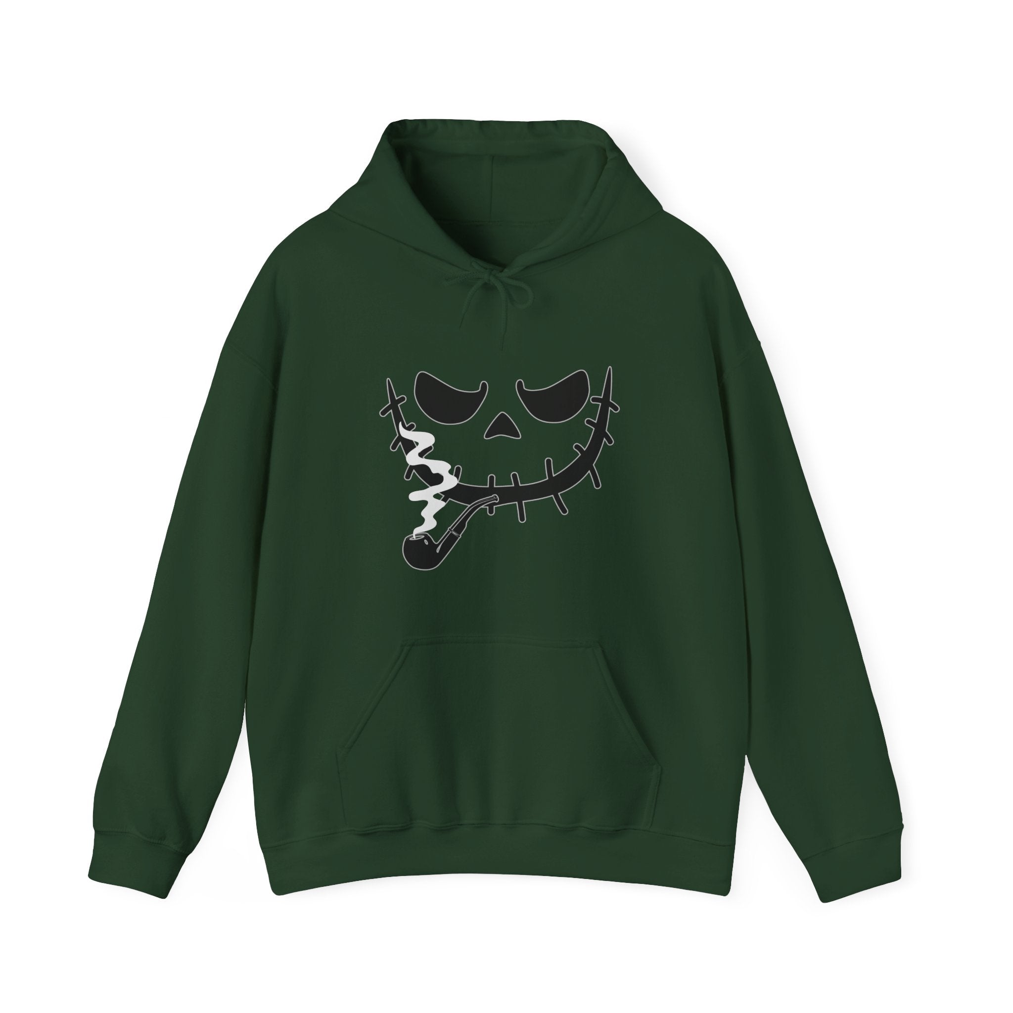 Forest green hoodie with a black skull design on a white background