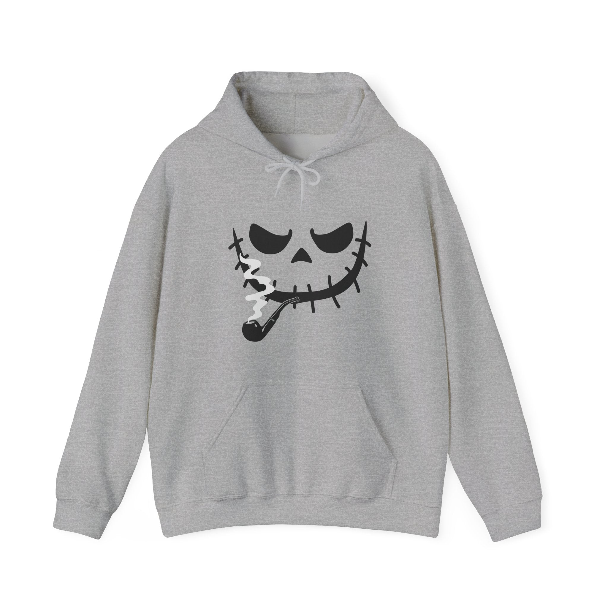 Gray hoodie with a black skeleton face design on a white background