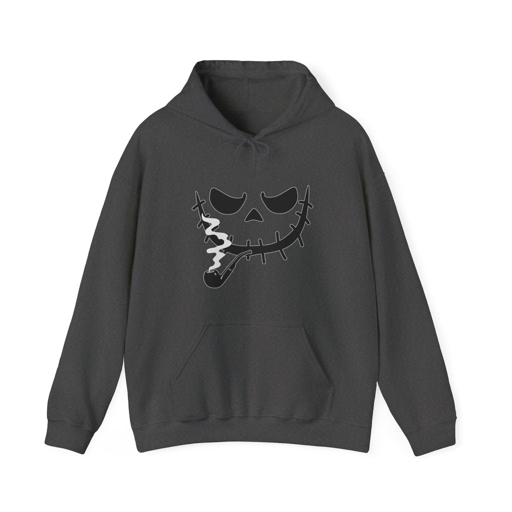 Dark gray hoodie with a jack-o'-lantern face design on a white background