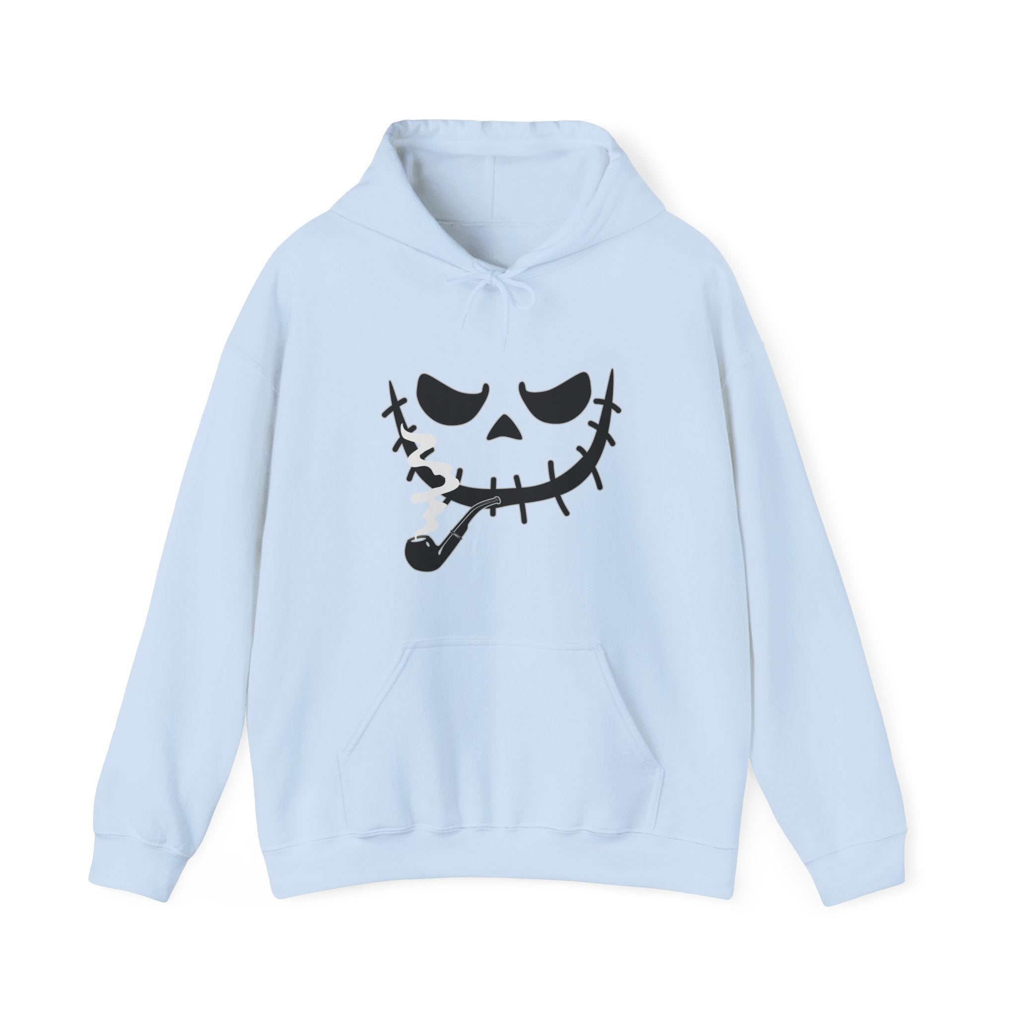 Light blue hoodie with a black skull design on a white background